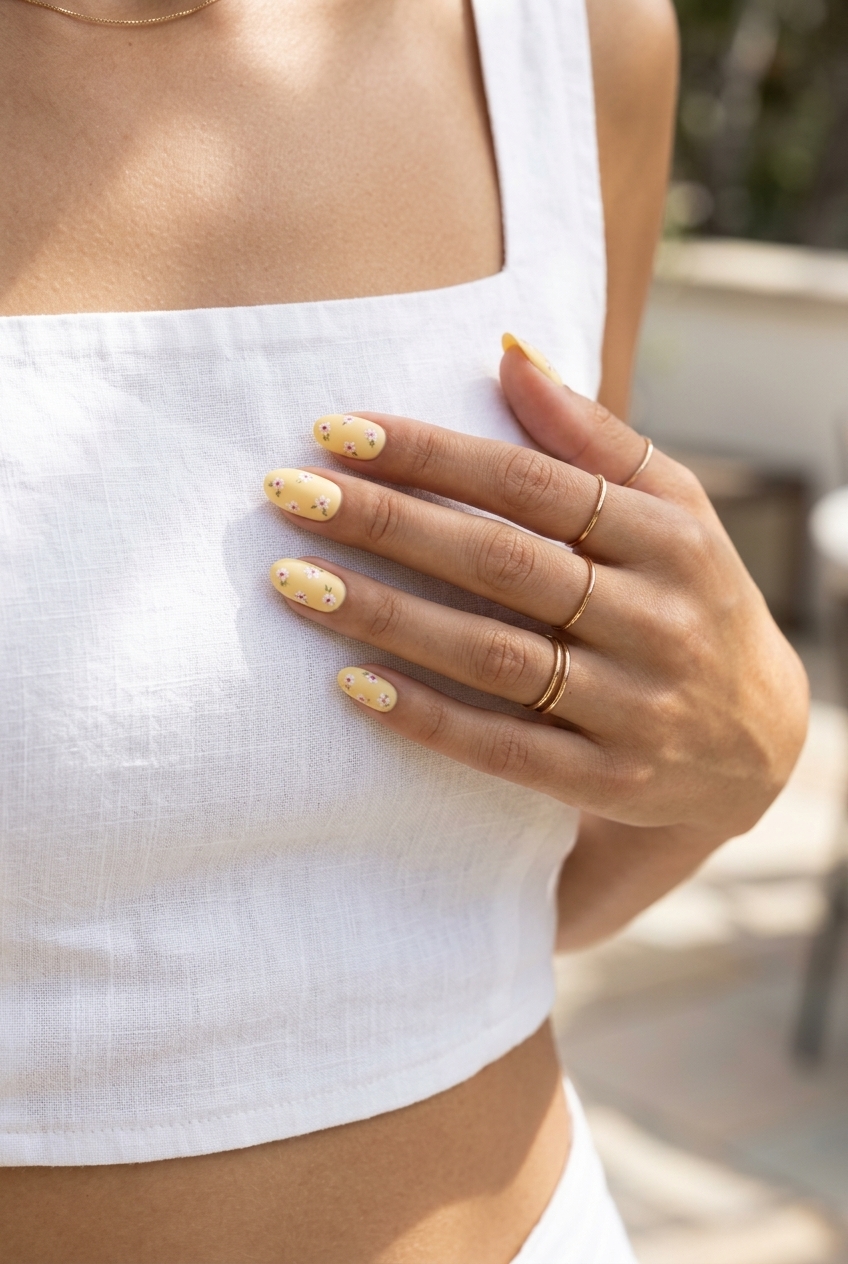 Butter Yellow Micro Floral Nails 2026: Casual Chic Style Butter Yellow Micro Floral Oval nails for daily wear or casual chic in 2026. Clean-girl feminine style.