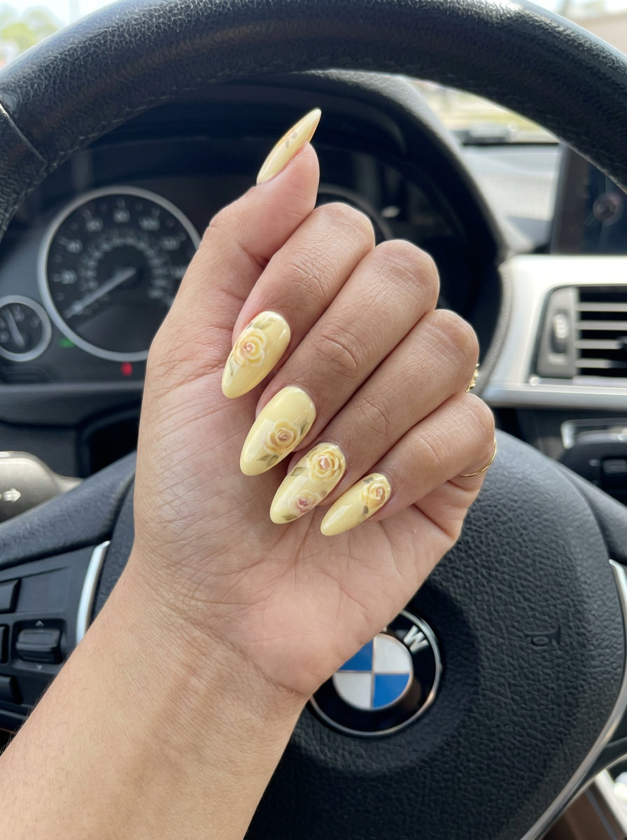 Butter Yellow Watercolor Rose Nails 2026: Whimsical Date Night Butter Yellow Watercolor Rose Almond nails for garden parties or date nights in 2026. Whimsical artistic romance.