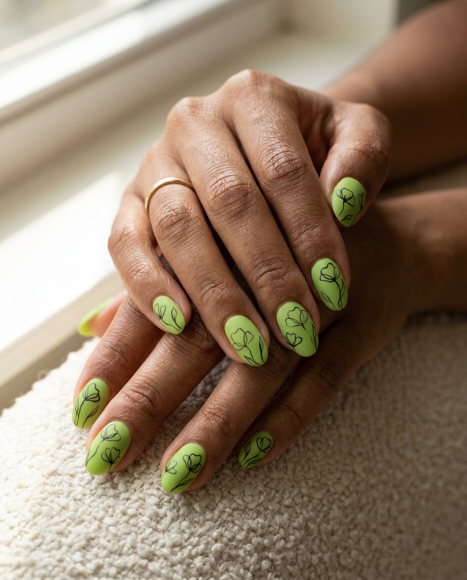 Edgy Lime Green Abstract Flower Nails 2026 Edgy lime green abstract flower nails 2026 for art events. Matte finish with black outlines.