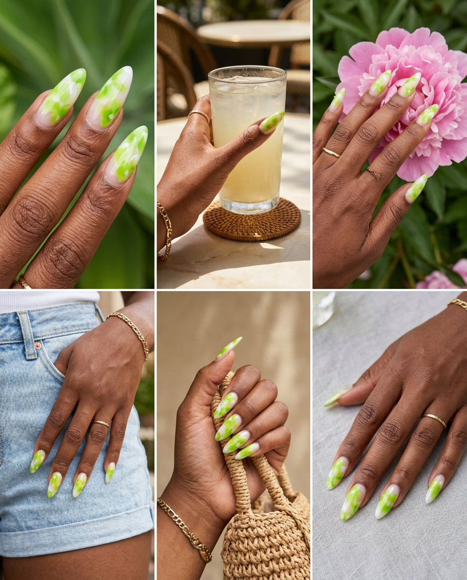 Lime Green Watercolor Stiletto Nails 2026 | Edgy Night Out Lime green watercolor bloom stiletto nails for a night out or edgy summer party. Summer flower nails 2026.