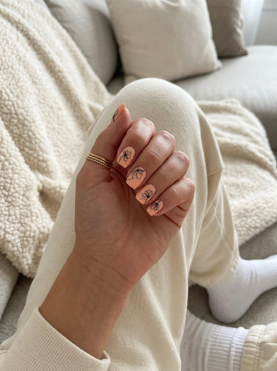 Peach Fuzz Abstract Outline Nails 2026 | Chic Daily Wear Peach fuzz abstract outline square nails for chic daily wear. Summer flower nails 2026.
