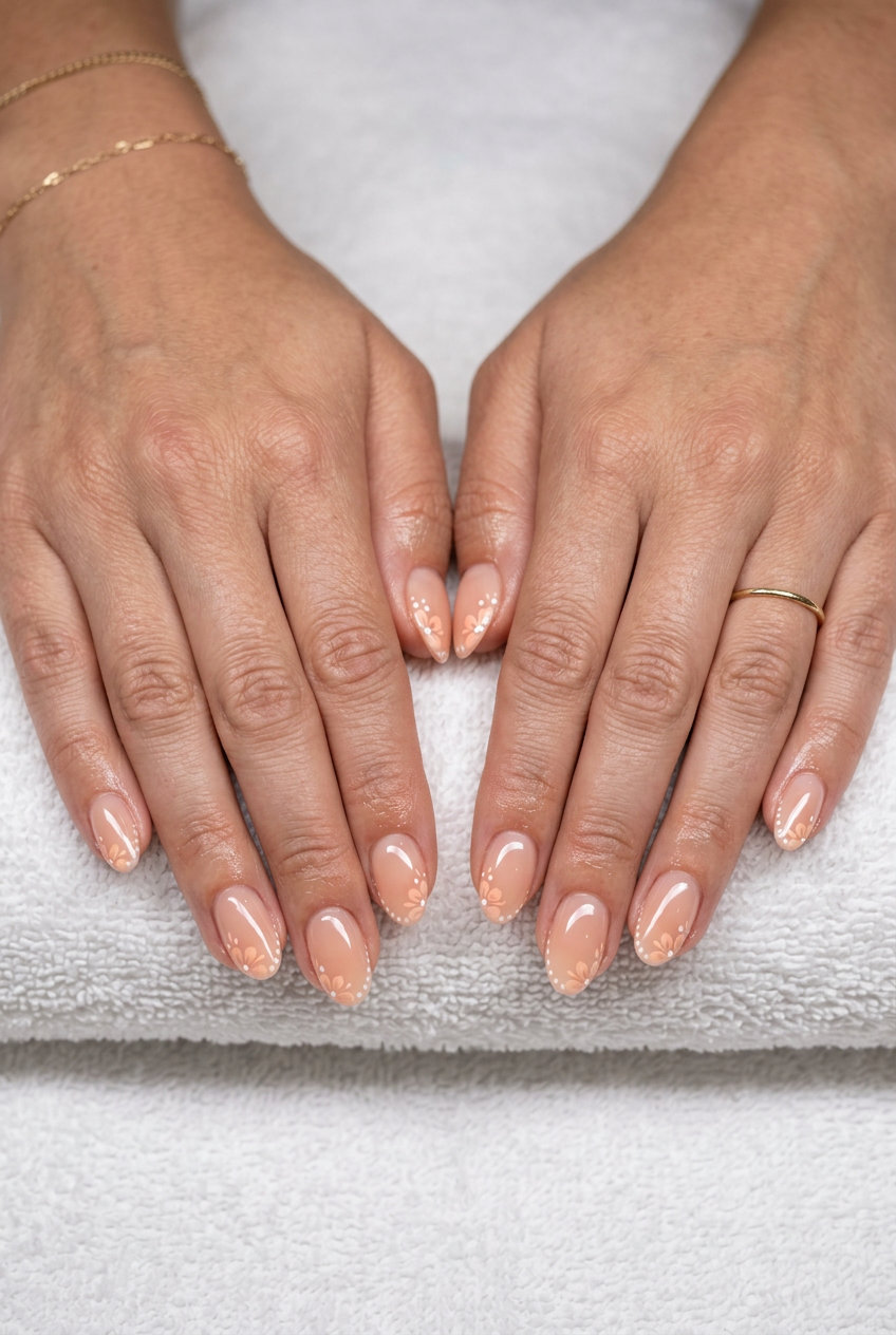 Peach Fuzz Floral Nails 2026: Romantic Wedding Style Peach Fuzz Micro Floral French nails for wedding or anniversary in 2026. Romantic sheer nude with delicate floral tips.