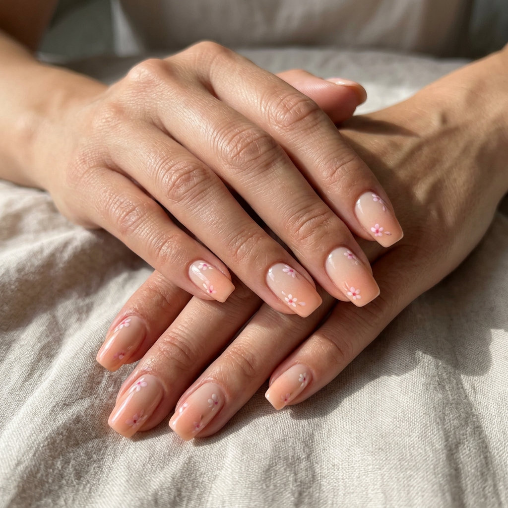 Sophisticated Peach Fuzz Gradient Floral Nails 2026 Sophisticated peach fuzz gradient floral nails 2026 for work or bridal showers.