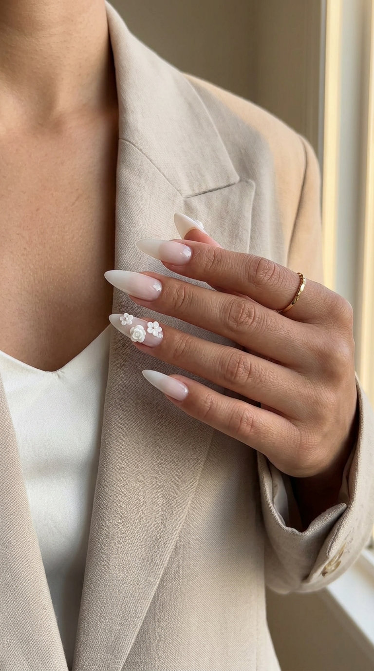 Sheer White 3D Floral Nails 2026: Glamorous Event Style Sheer White 3D Floral Stiletto nails for weddings or glamorous events in 2026. Ethereal sophistication.