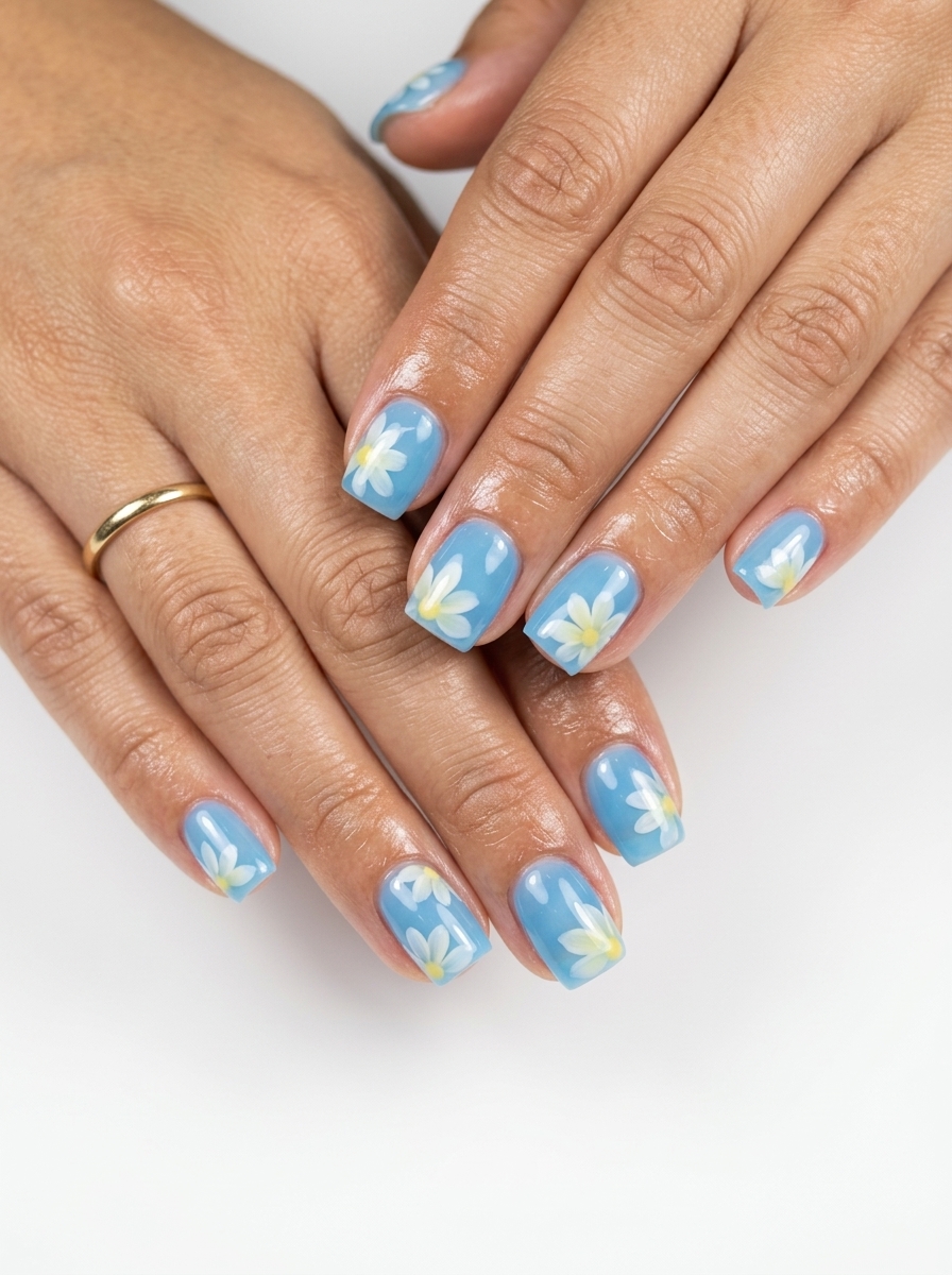 Whimsical Sky Blue Daisy Nails 2026 Whimsical sky blue watercolor daisy nails 2026 for spring outings. Jelly finish.