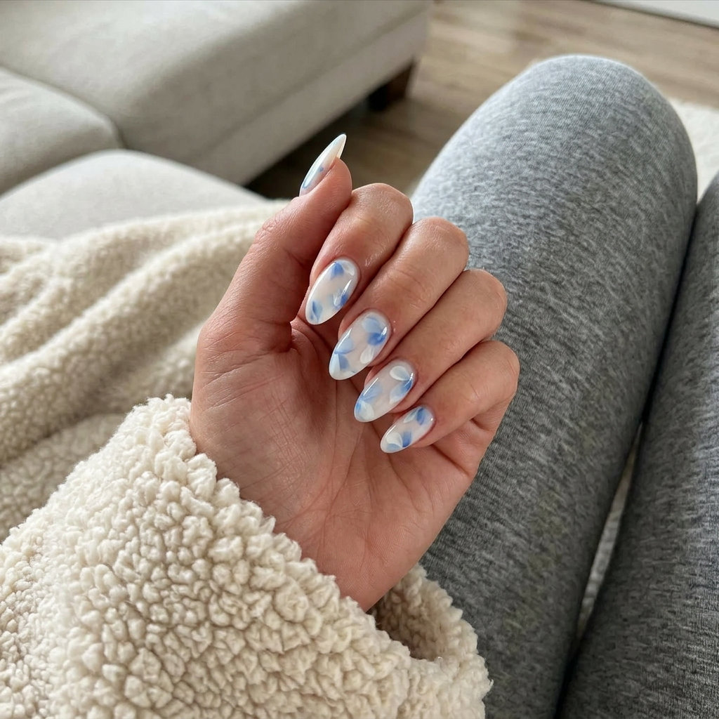 Sky Blue Watercolor Petal Nails 2026 | Romantic Vacation Sky blue watercolor petal almond nails for a romantic vacation or wedding guest outfit. Summer flower nails 2026.