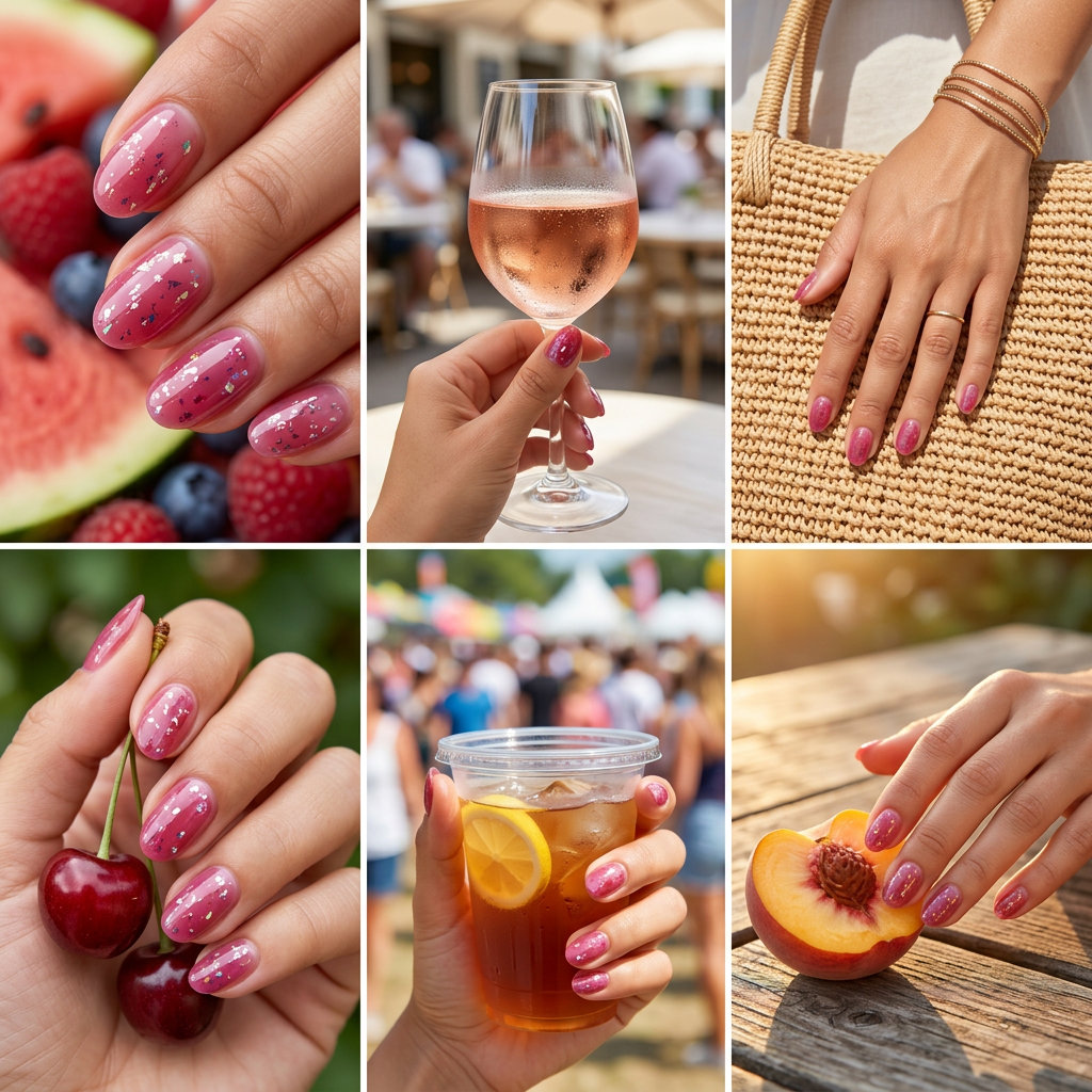 Berry Burst Foil Flakes Oval nails for summer fruits nail art 2026: sheer berry pink with scattered iridescent foil flakes.