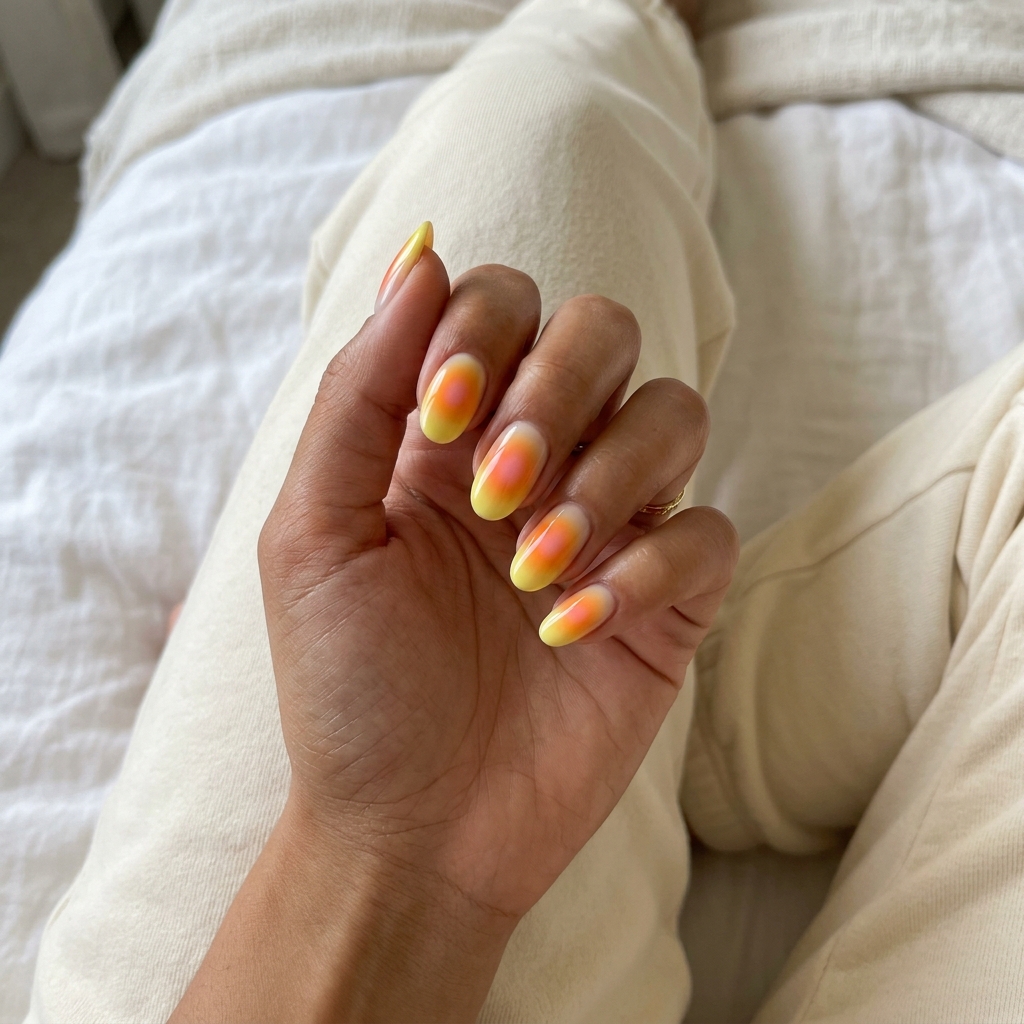 Citrus Zest Aura Gradient oval nails for summer fruits nail art 2026: lemon yellow, orange, and pink blend on a milky white base.