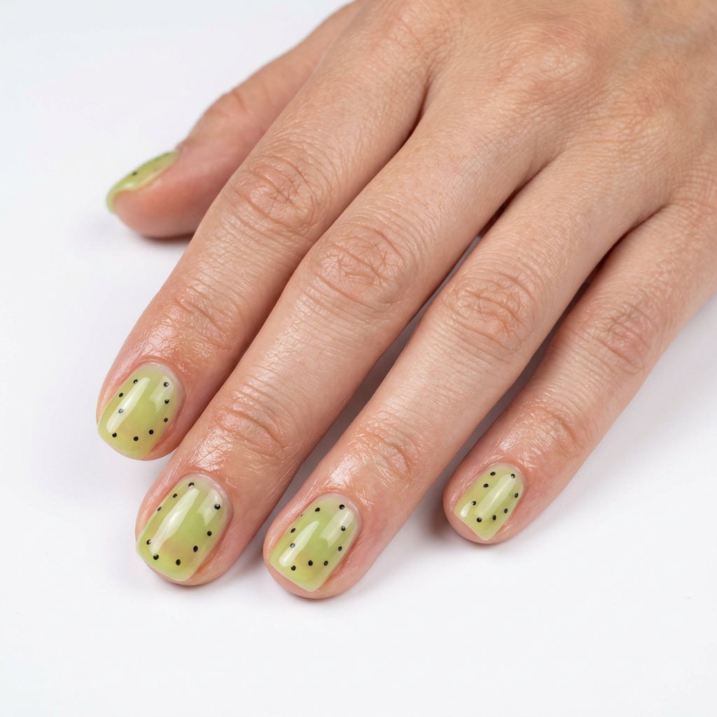 Kiwi Seed Dot Accents Squoval nails for summer fruits nail art 2026: sheer light green with minimalist black kiwi seed dots.