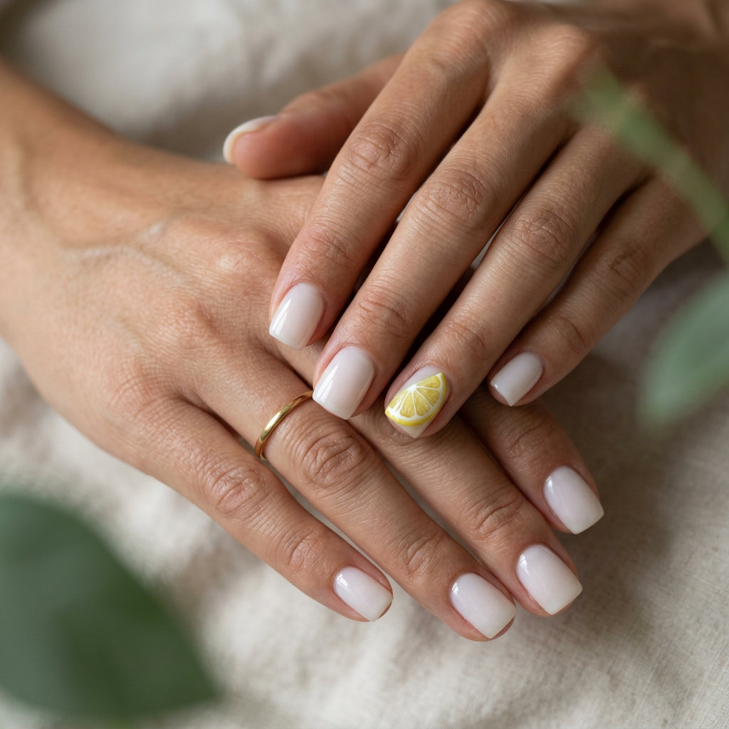 Square nails with a milky base and a realistic lemon wedge accent for chic summer style.