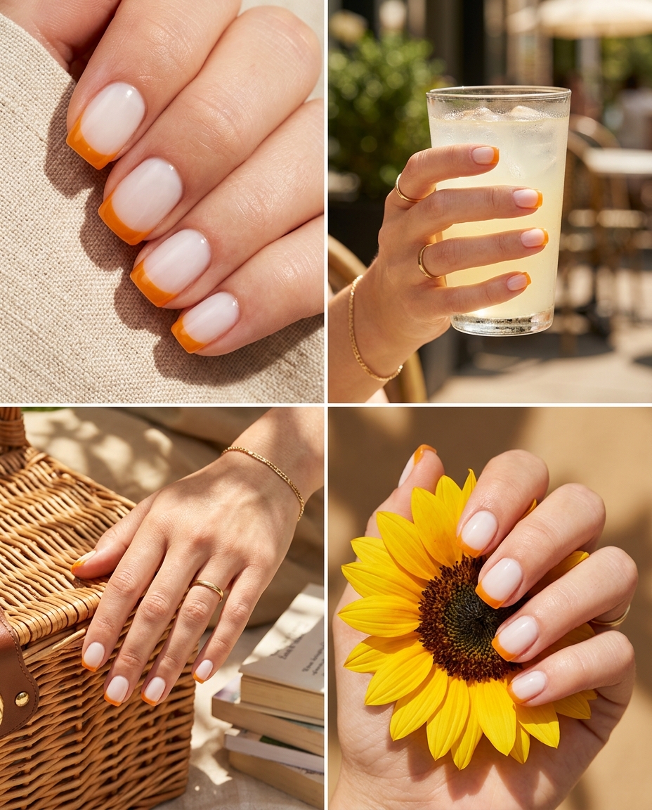 Mango Sorbet Jelly French tips for summer fruits nail art 2026. Playful look for casual summer days.