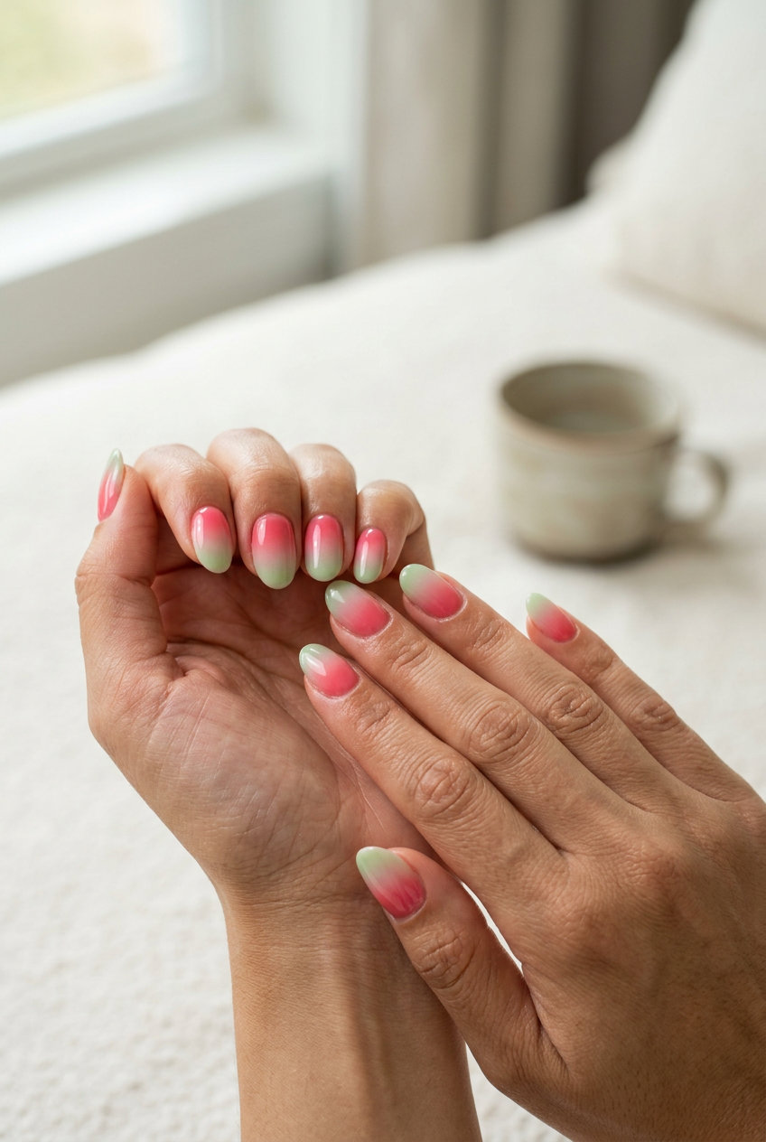 Oval nails with a watermelon pink to pale green ombre gradient for a fresh summer vibe.