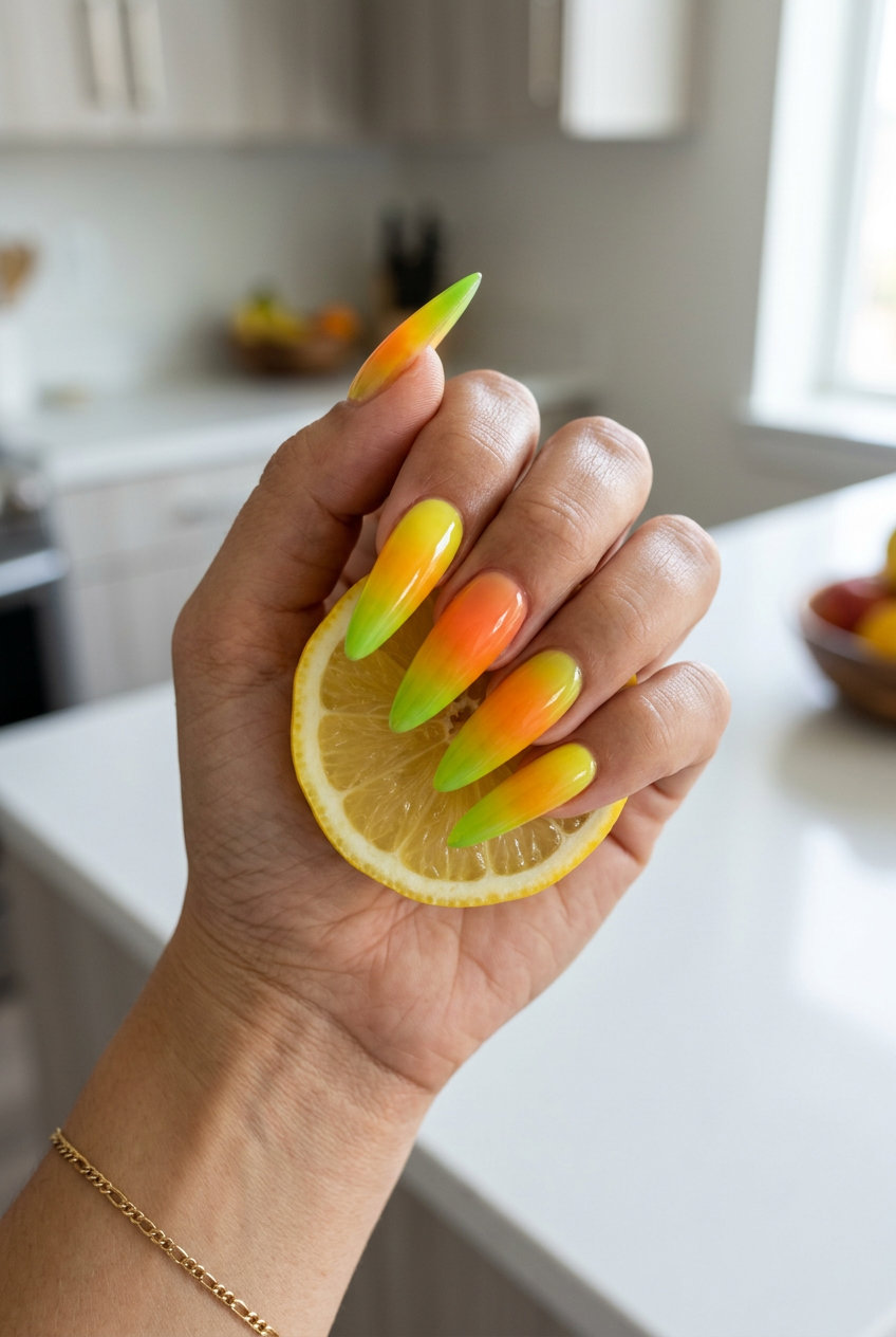 Mixed Citrus Jelly Ombre Stiletto nails for summer fruits nail art 2026: vibrant yellow, orange, and lime green translucent jelly.