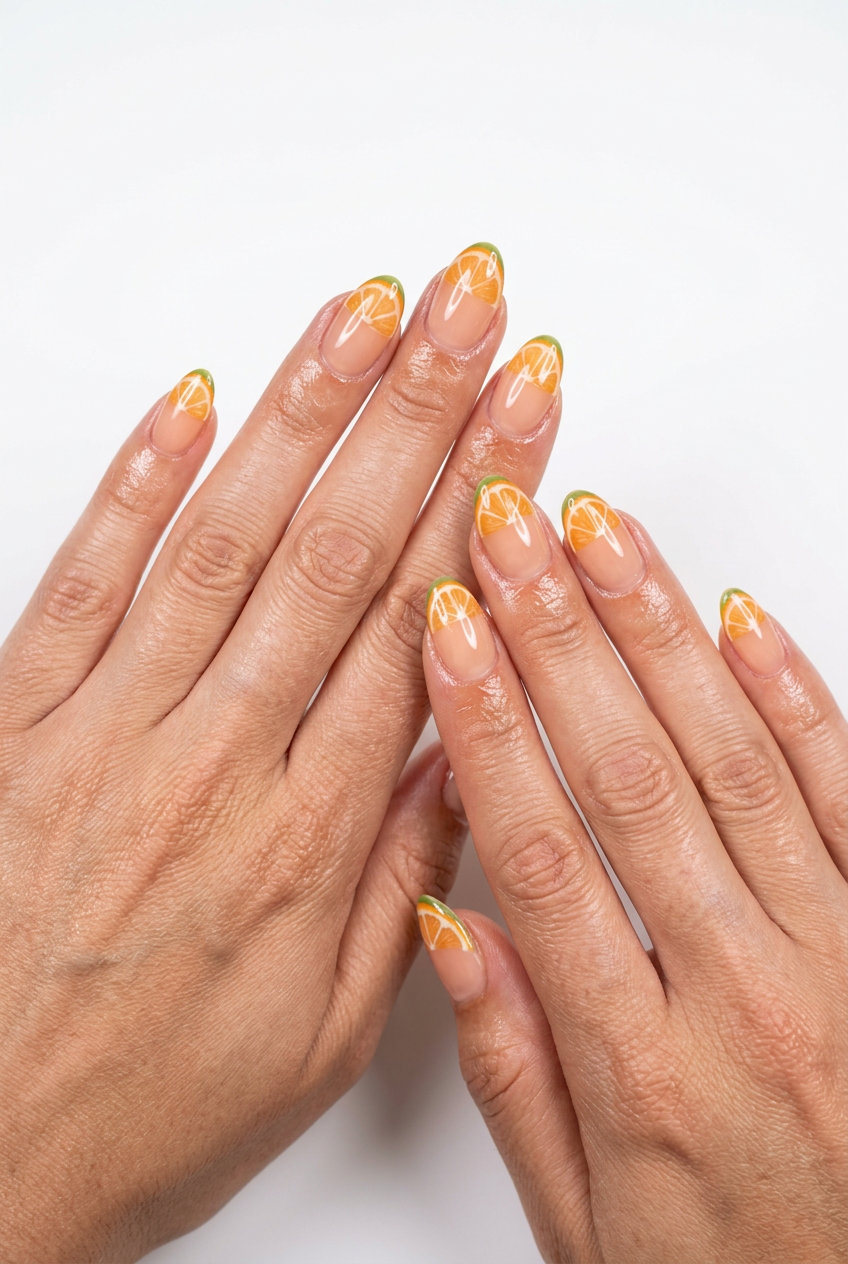 Almond nails with a sheer nude base and orange slice reverse French tips for chic style.