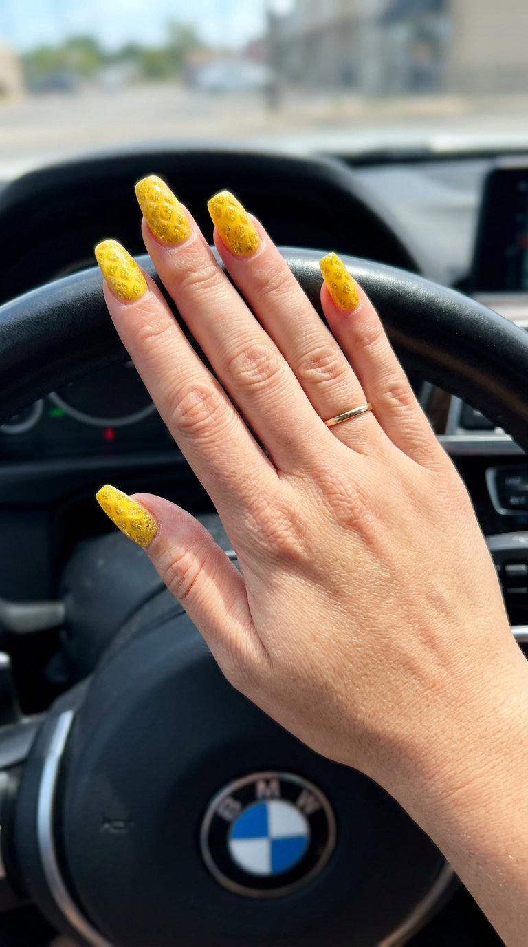 Flare nails with golden yellow and textured pineapple design with gold glitter.