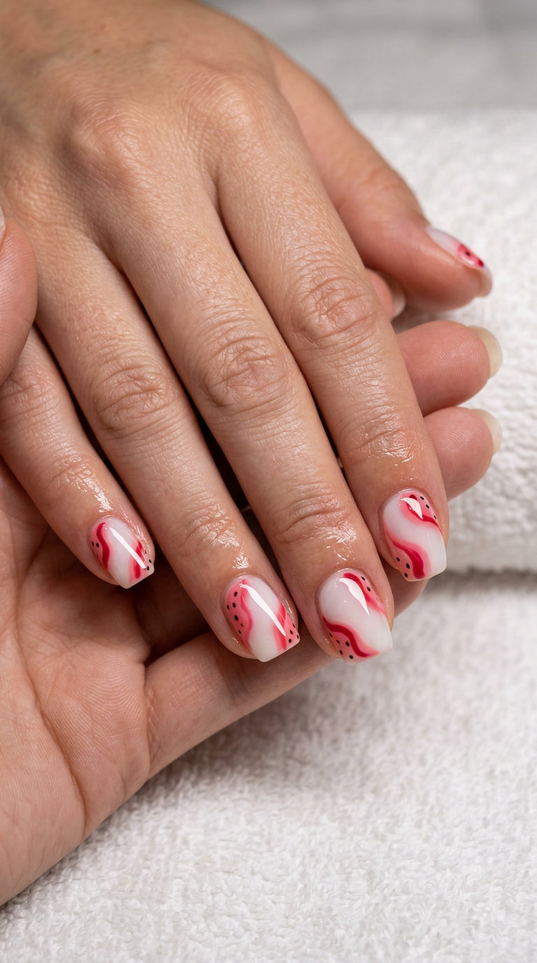 Strawberry Swirl Abstract Squoval nails for summer fruits nail art 2026. Playful look for casual summer days.