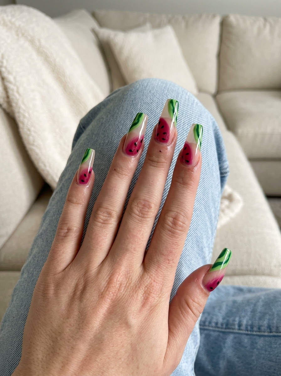 Watermelon Slice Negative Space coffin nails for summer fruits nail art 2026: deep pink, green, and black seeds on a clear base.