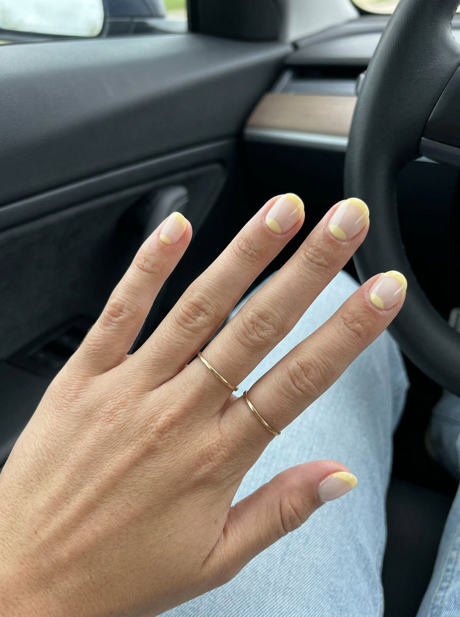 Butter yellow retro half moon gel nails for casual wear. Summer gel nails 2026.