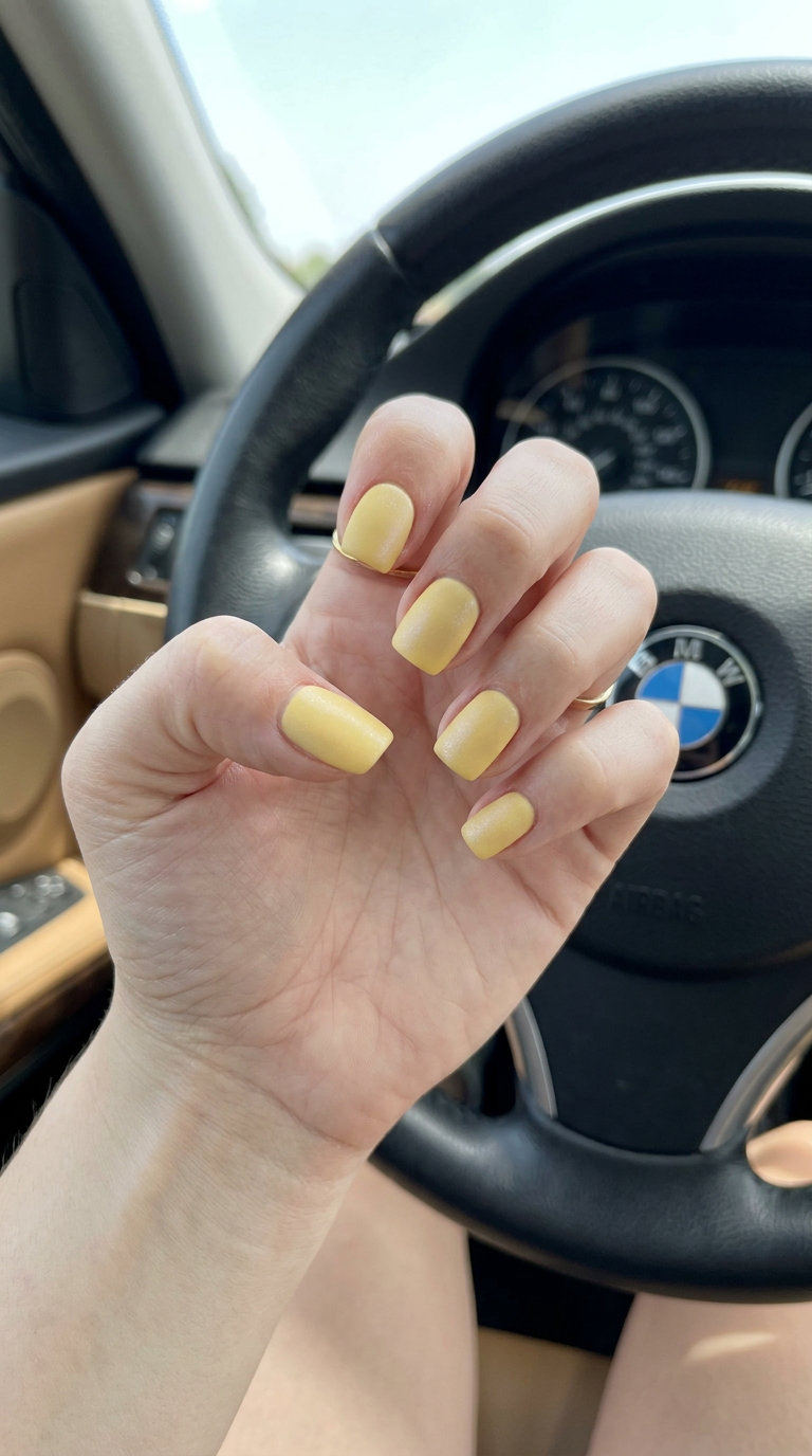 Butter yellow velvet finish short square gel nails for daily wear. Summer gel nails 2026.
