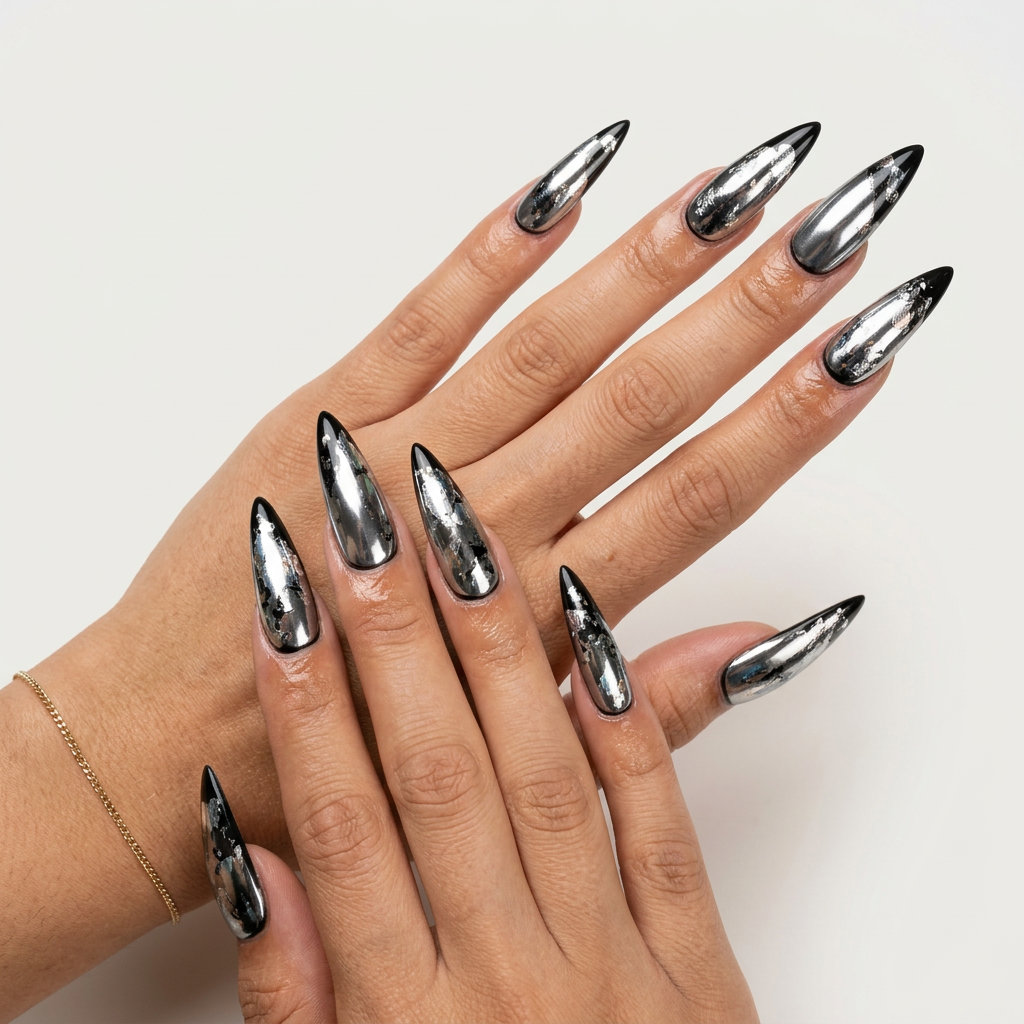 Cyber Chrome Silver Foil summer gel nails 2026 for parties & nights out. Futuristic, edgy, and glamorous.