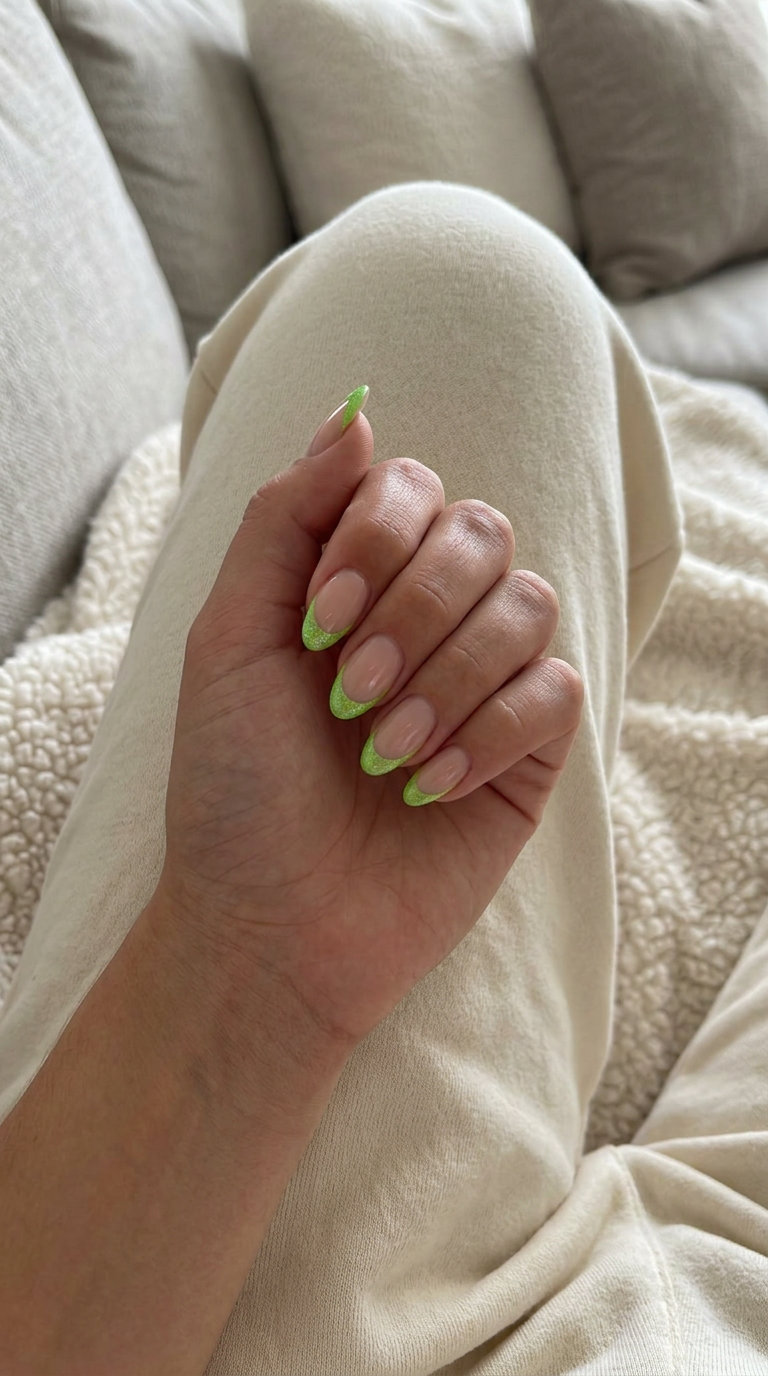 Holographic Lime French Flare nails for a vibrant summer 2026 festival or casual fun look.