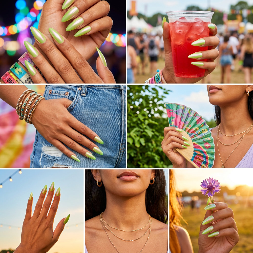 Lime Green Pearlescent Shift summer gel nails 2026 for festivals, parties, and summer events. Futuristic & vibrant.