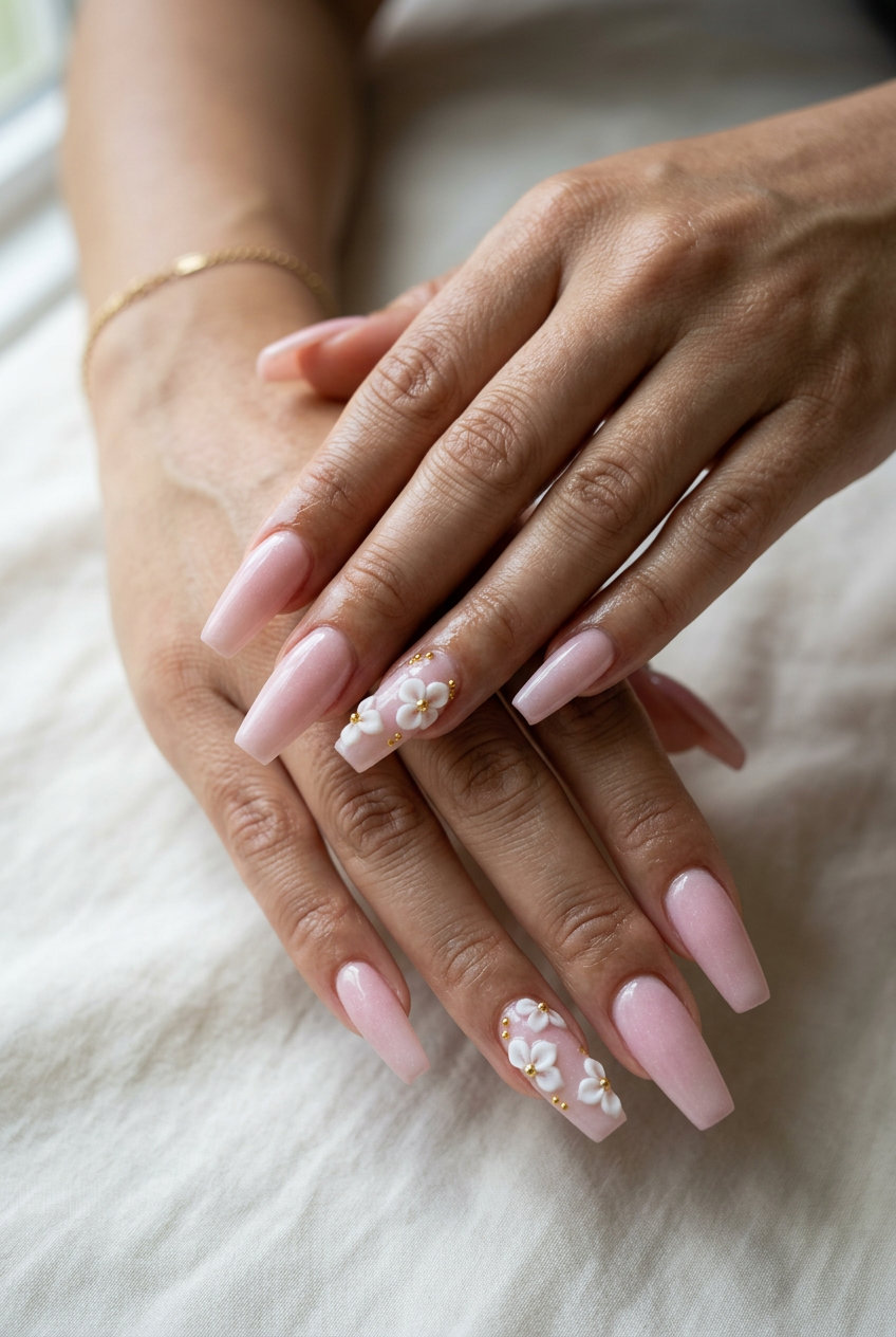 Milky Pink 3D Floral Charms nails for a romantic summer 2026 wedding or garden party look.
