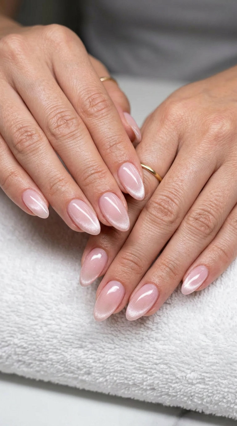 Sheer Milky Pink Cat-Eye summer gel nails 2026 for date nights & romantic evenings. Sophisticated & ethereal.