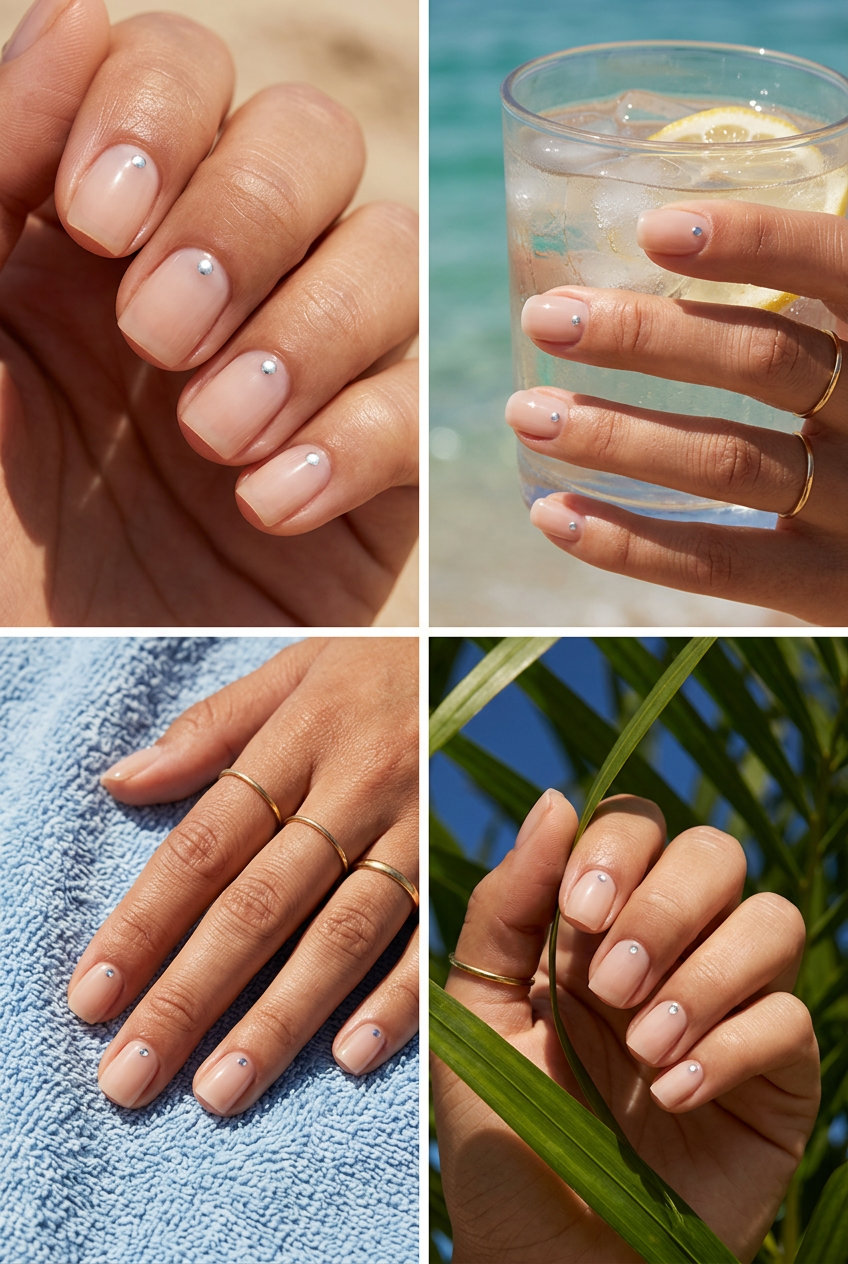 Nude Chrome Minimalist Dot summer gel nails 2026 for daily wear, work, or business casual. Sophisticated & clean.
