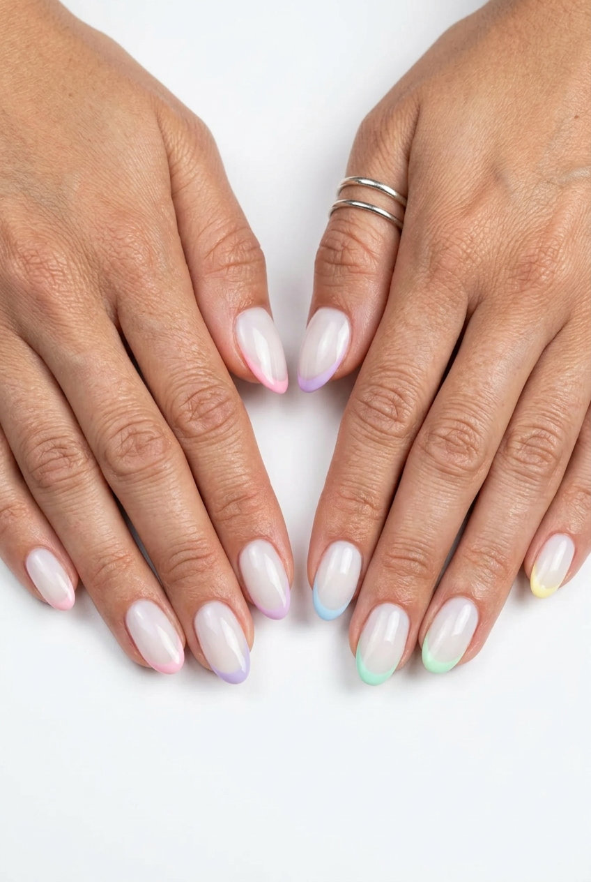 Pastel Rainbow French Tips short square nails for a whimsical summer 2026 festival or casual look.