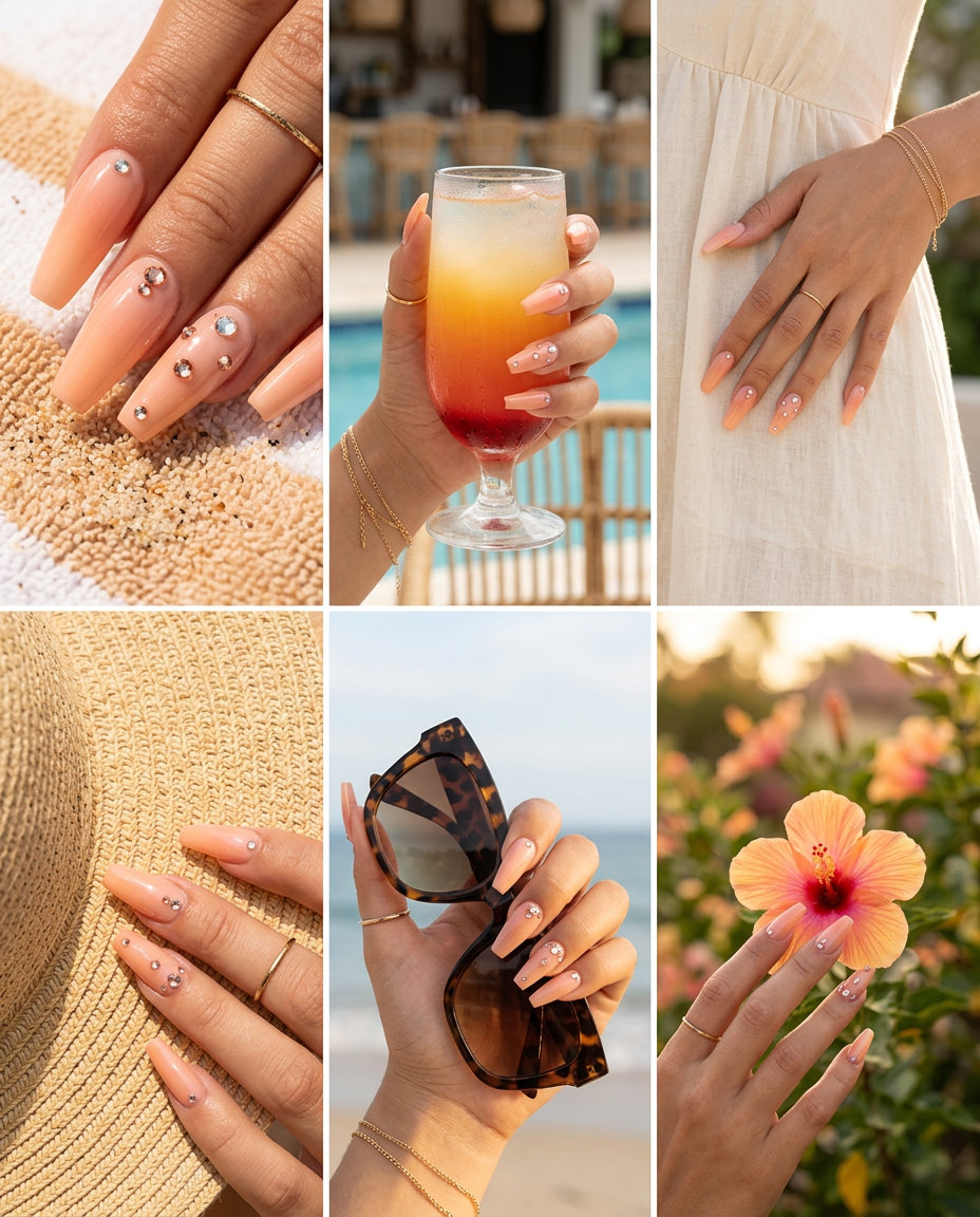 Peach Fuzz Gradient Sparkle summer gel nails 2026 for wedding guest, date night, or party. Elegant & romantic.
