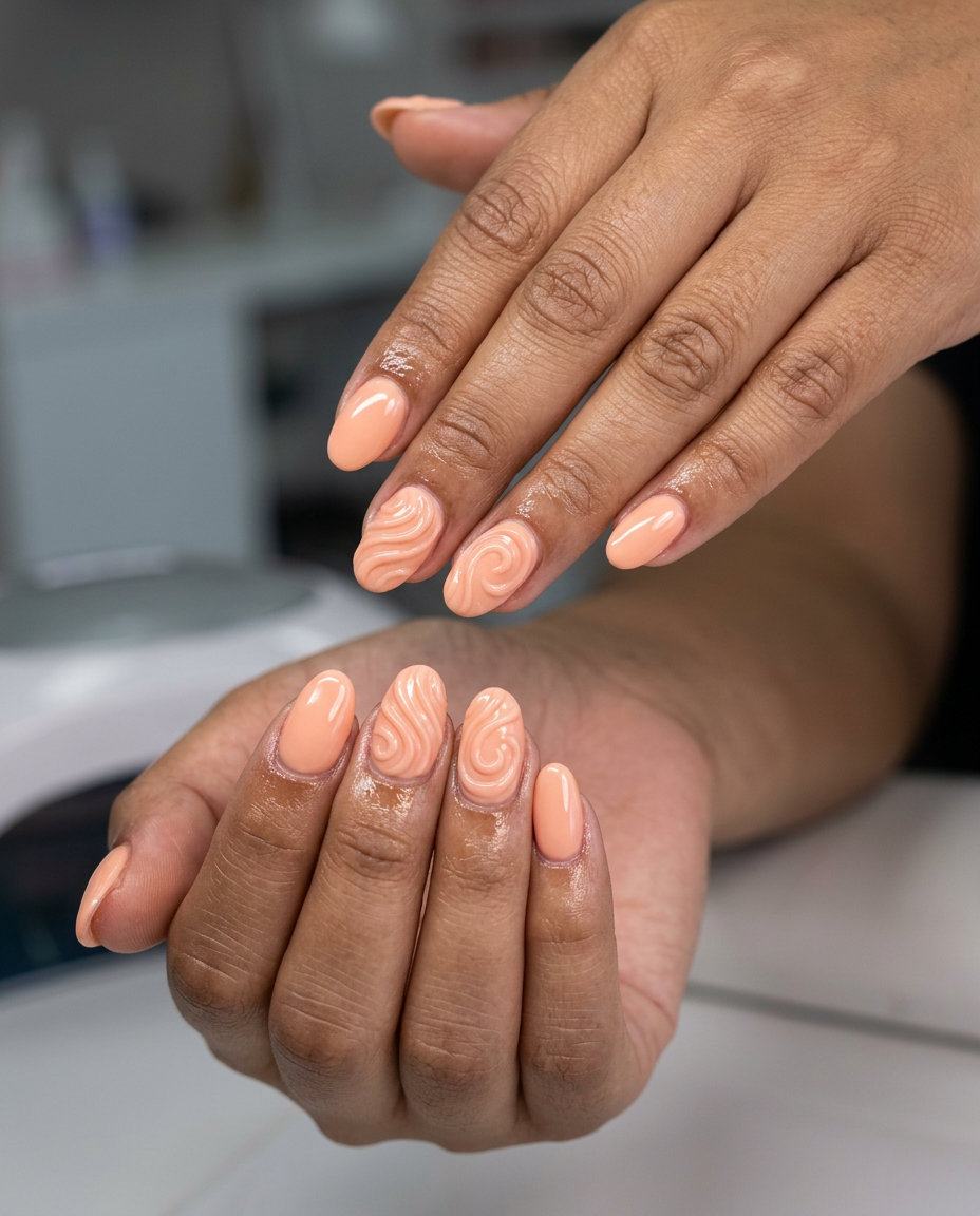 Peach fuzz textured swirl gel nails for vacation. Summer gel nails 2026.
