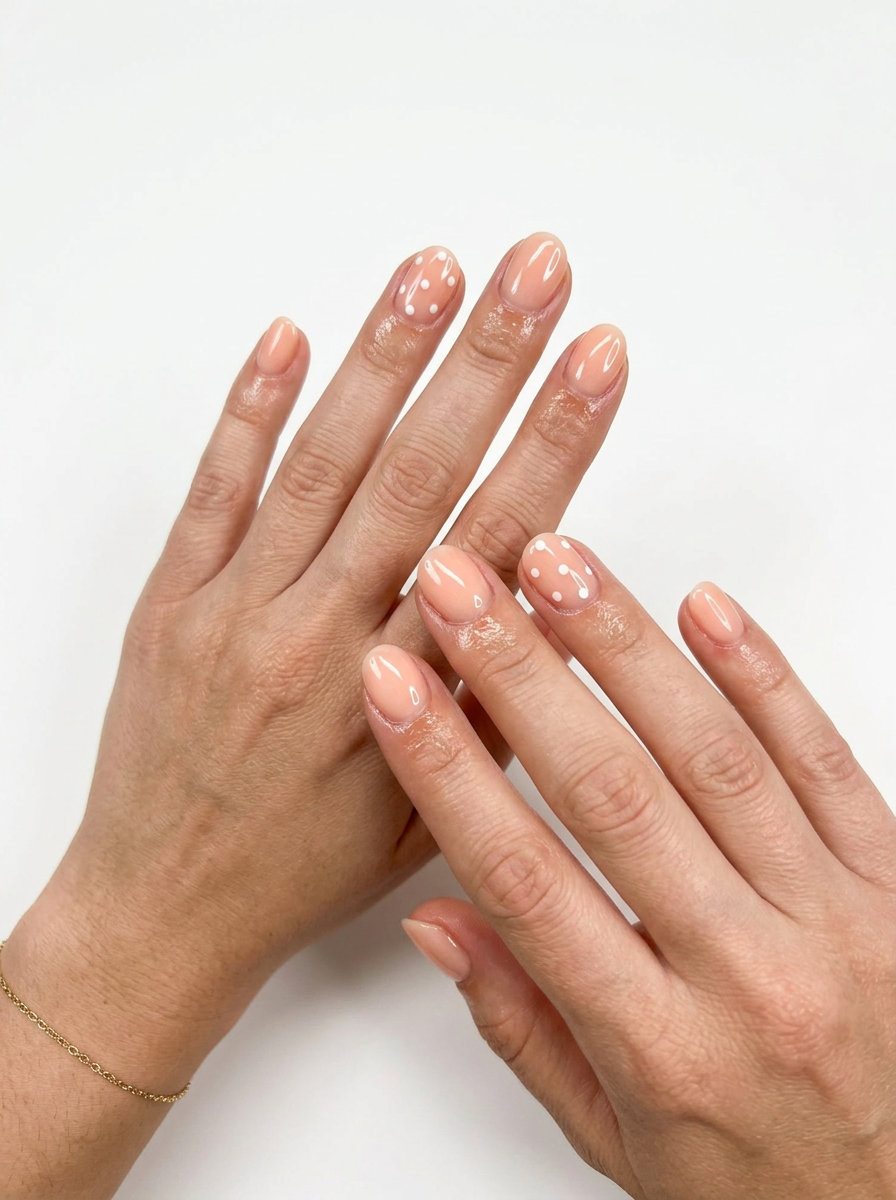 Milky peach fuzz polka dot gel nails for casual wear. Summer gel nails 2026.