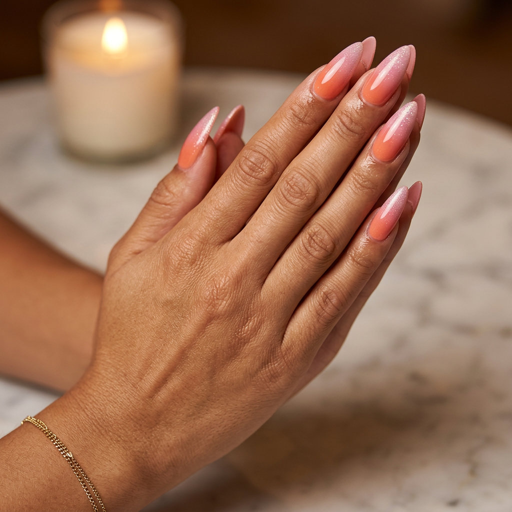 Sunset ombre glitter fade almond gel nails for parties. Summer gel nails 2026.
