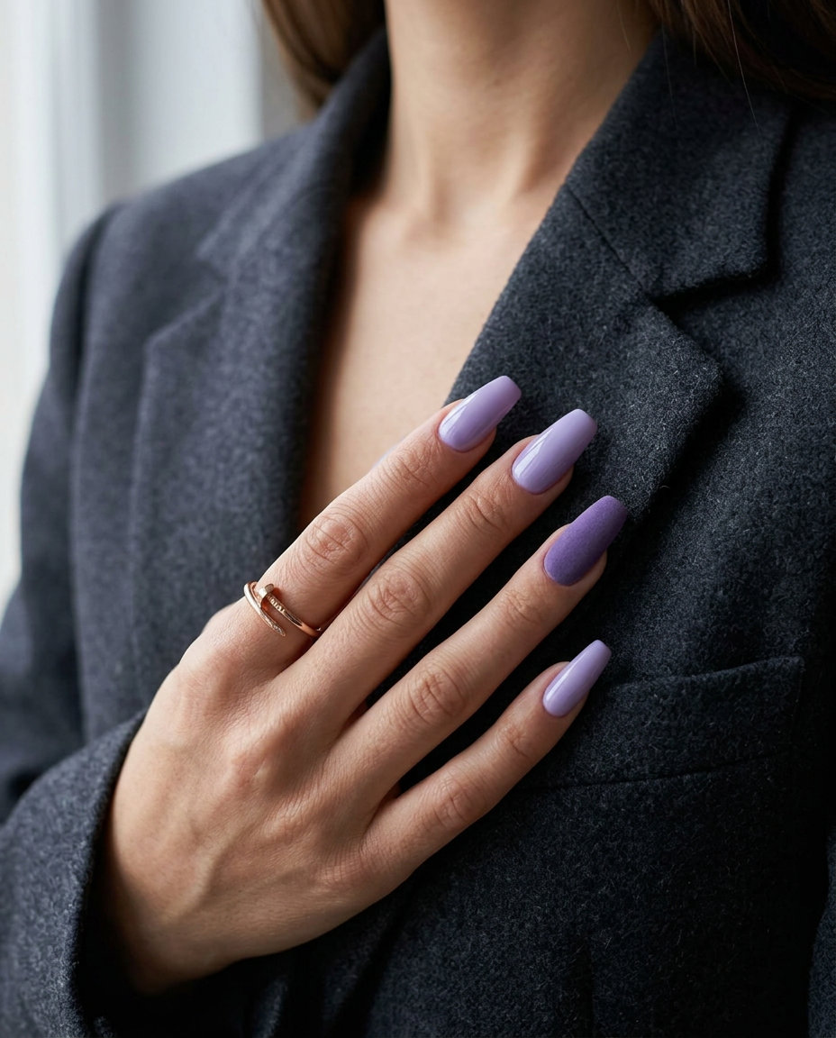 Velvet Lavender Statement nails for a sophisticated summer 2026 formal event or wedding guest look.