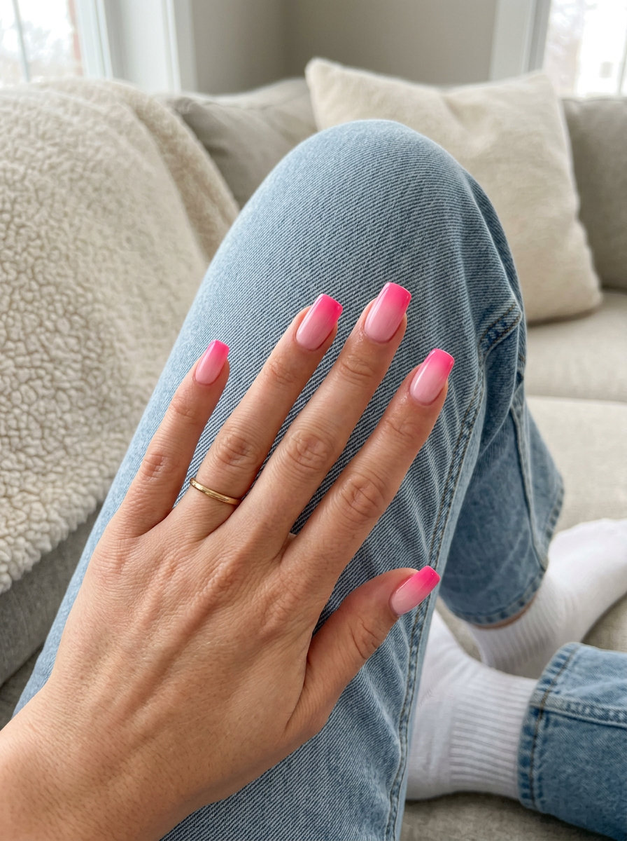 Airbrushed hot pink gradient square nails for summer 2026 work event outfits. Sophisticated chic style.