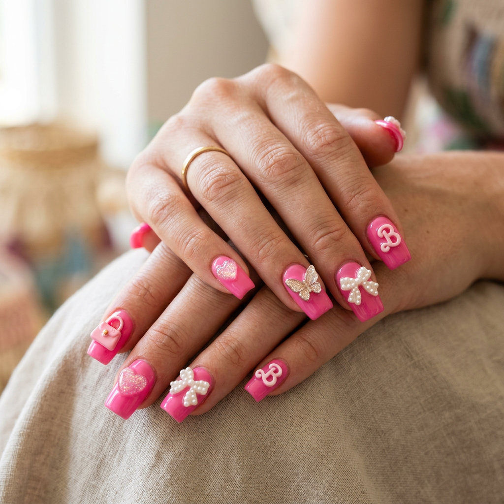 Whimsical summer hot pink nails designs 2026: Barbiecore 3D charms on coffin nails.