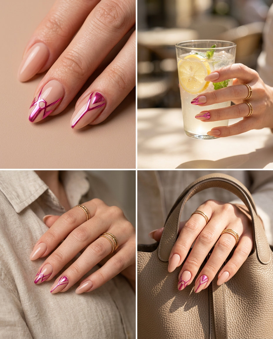 Chic chrome hot pink accent nails, a futuristic take on summer hot pink nails designs 2026 for parties.