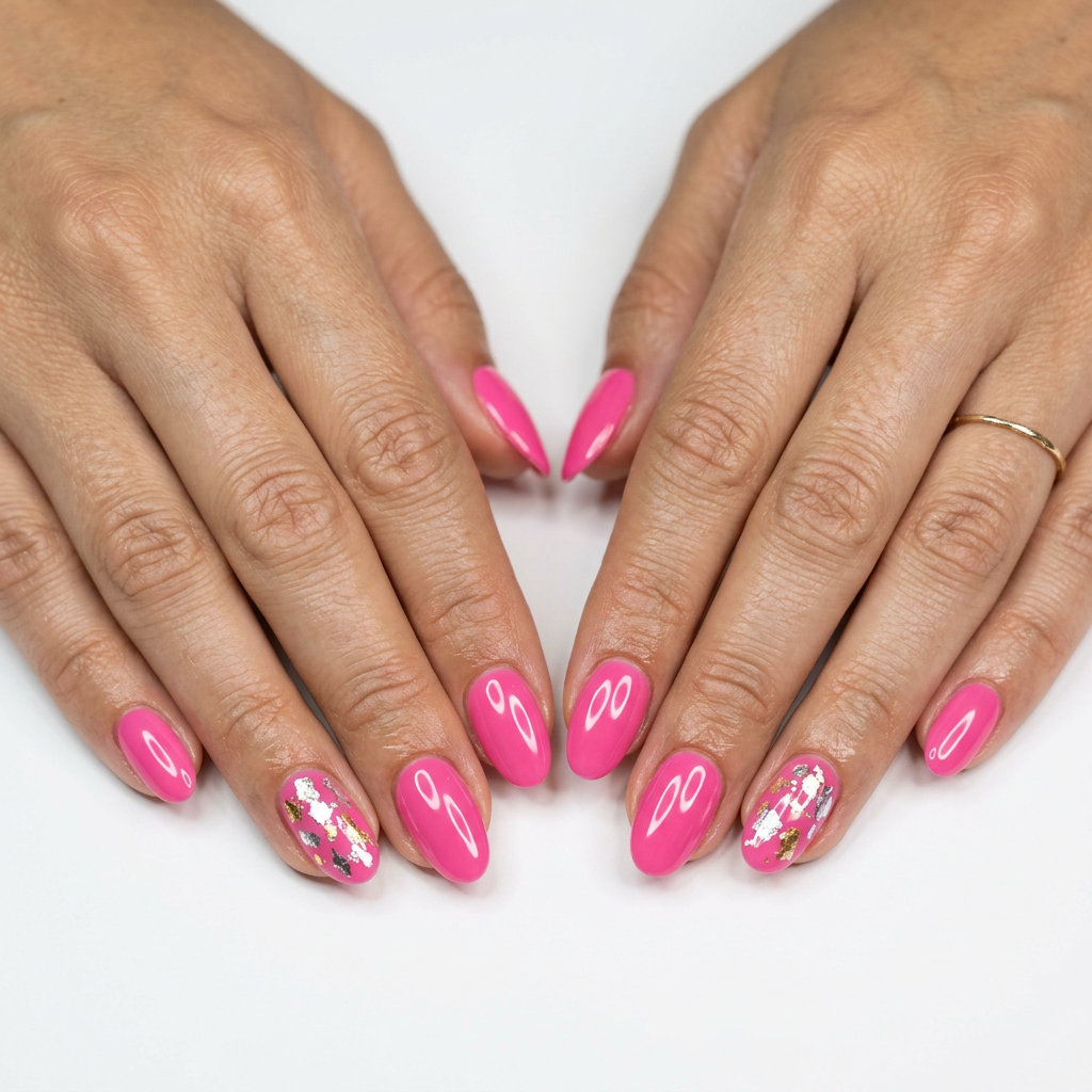 Chic summer hot pink nails designs 2026: Foil flakes on square nails.