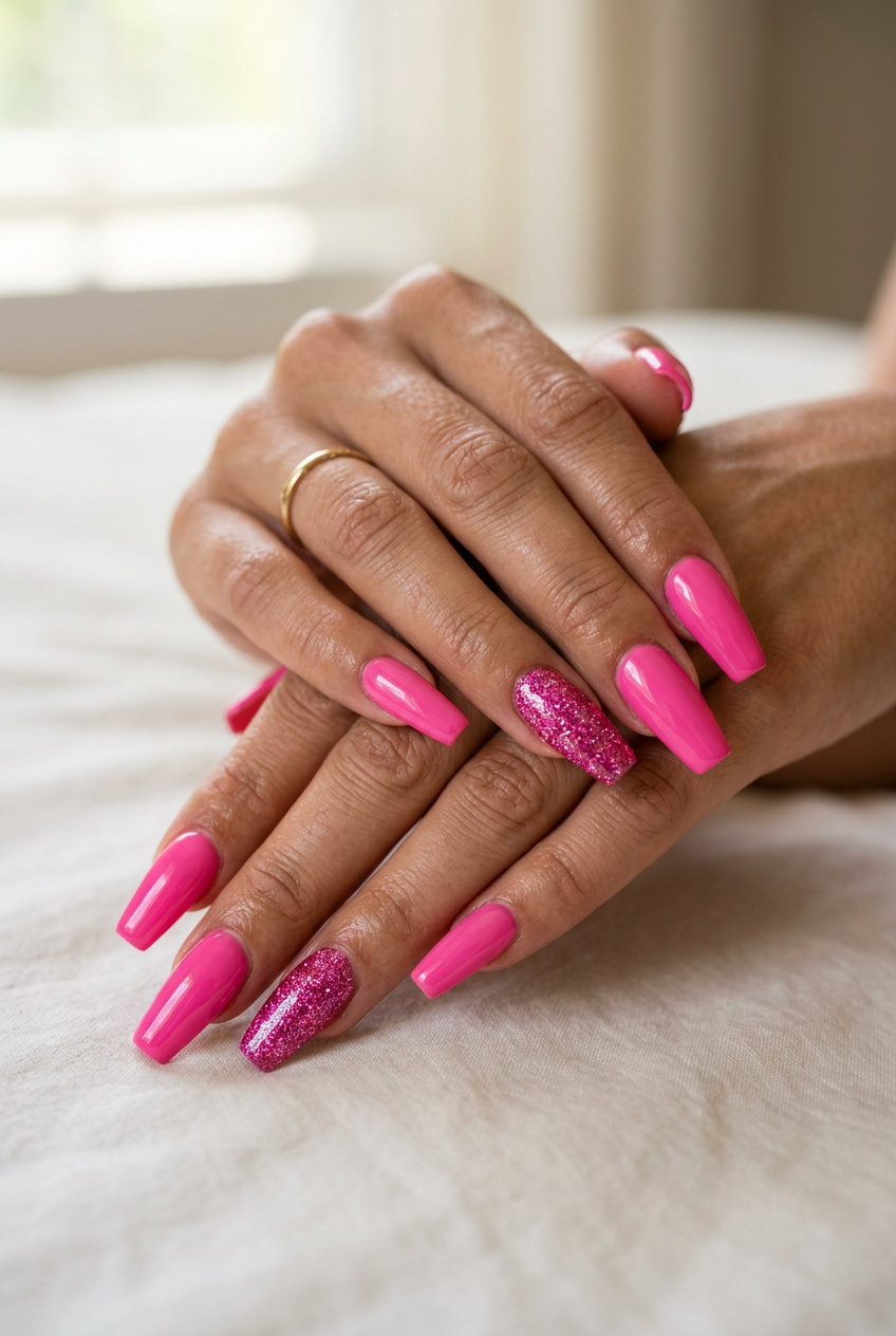 Hot pink nails with glitter accent for summer 2026 party outfits. Glamorous glossy hot pink gel polish.