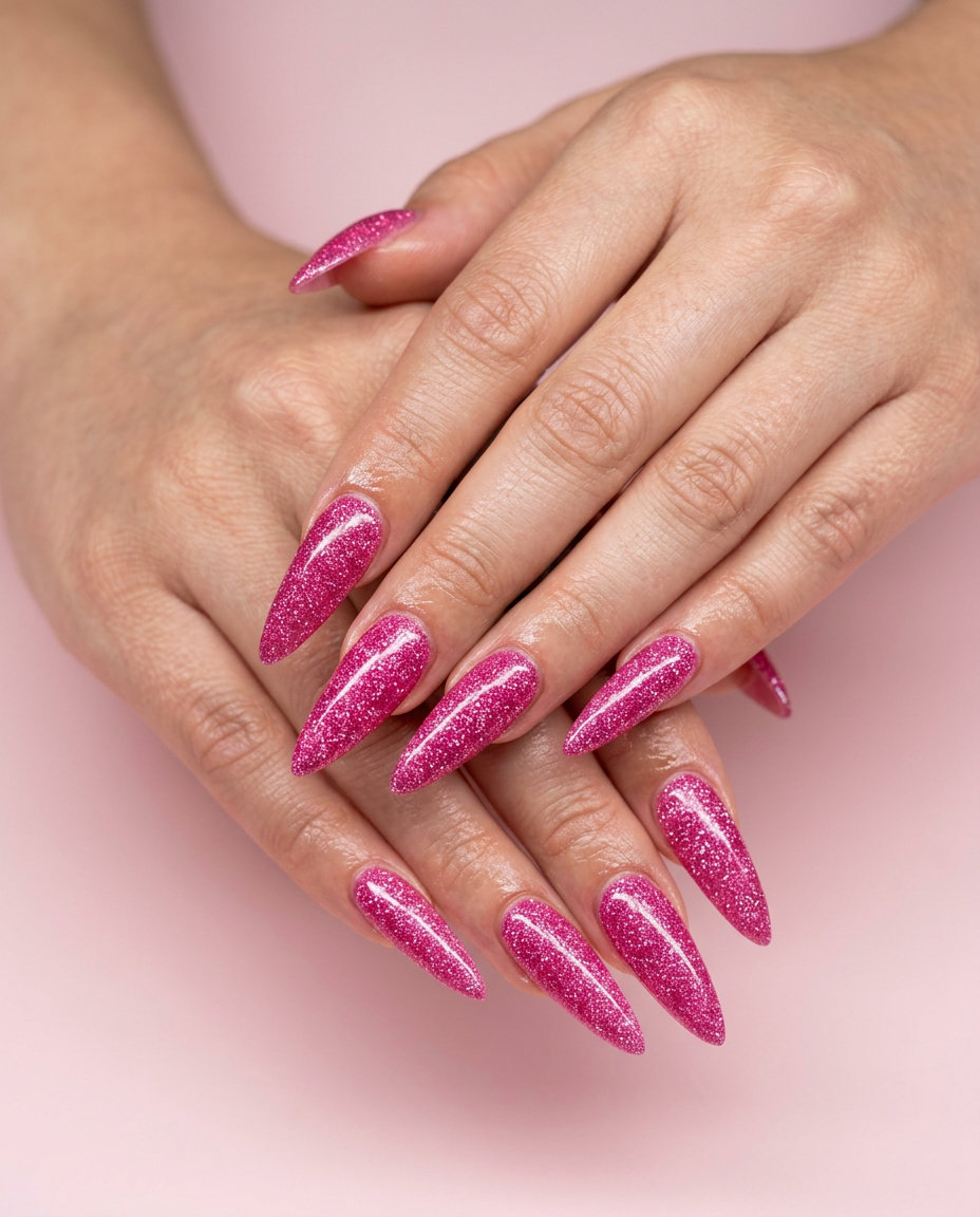 Maximalist hot pink glitter bomb stiletto nails, a dazzling choice for summer hot pink nails designs 2026.