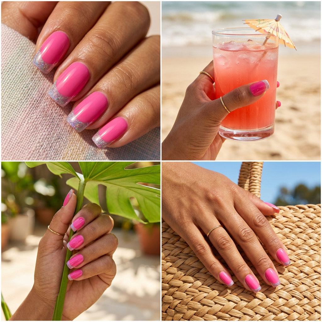 Playful holographic hot pink French tip nails, a vibrant choice for summer hot pink nails designs 2026.
