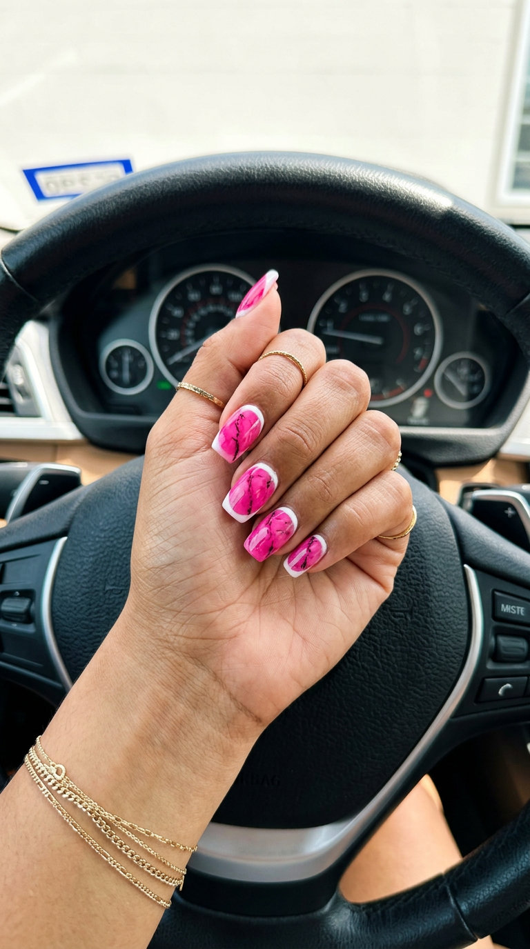 Modern summer hot pink nails designs 2026: Marble with reverse French tip.