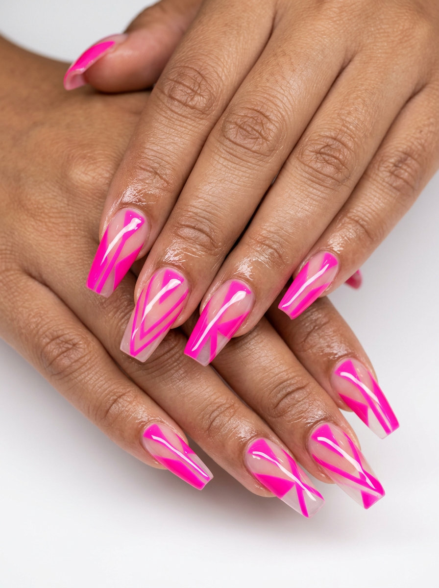 Edgy hot pink negative space abstract nails, a bold artistic look for summer hot pink nails designs 2026.