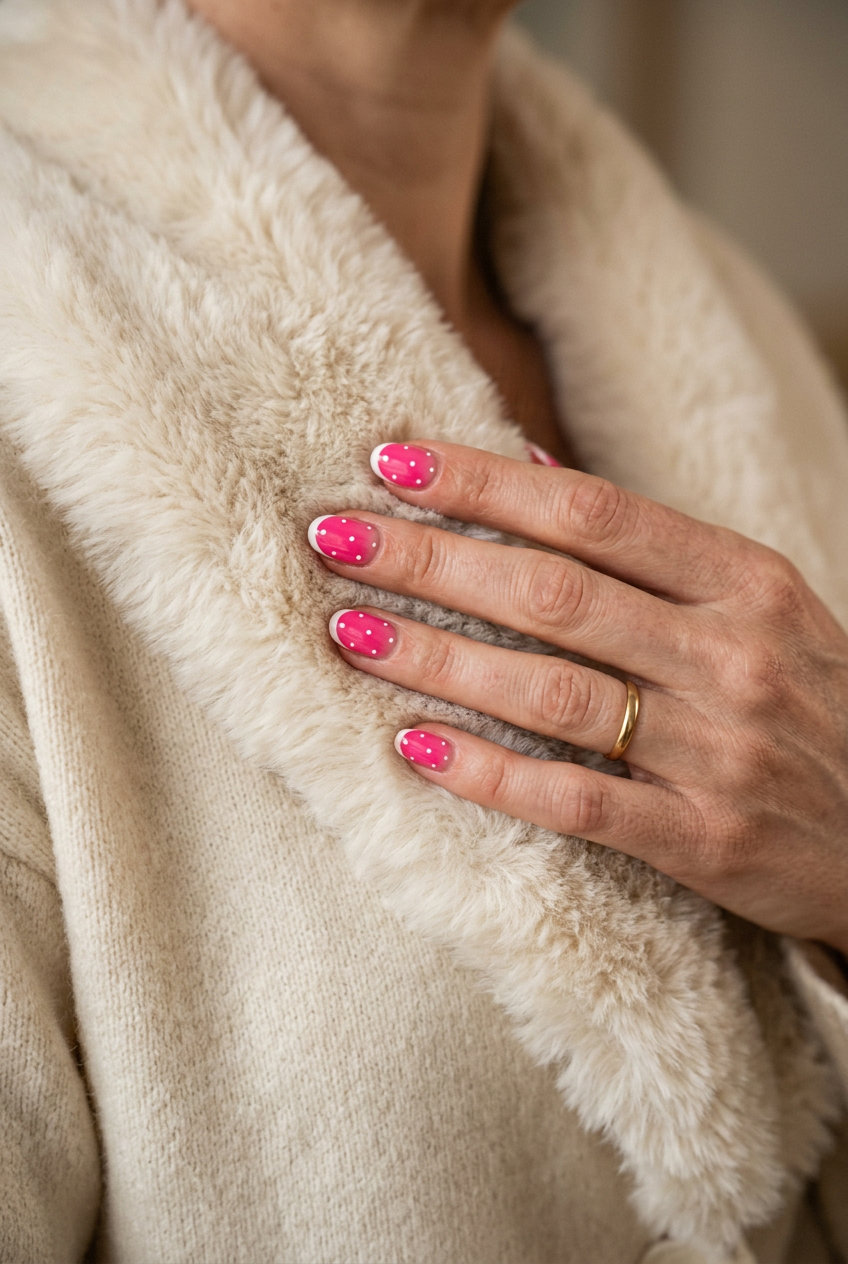 Polka dot pink French accent nails for summer 2026 picnic outfits. Playful sweet whimsical style.