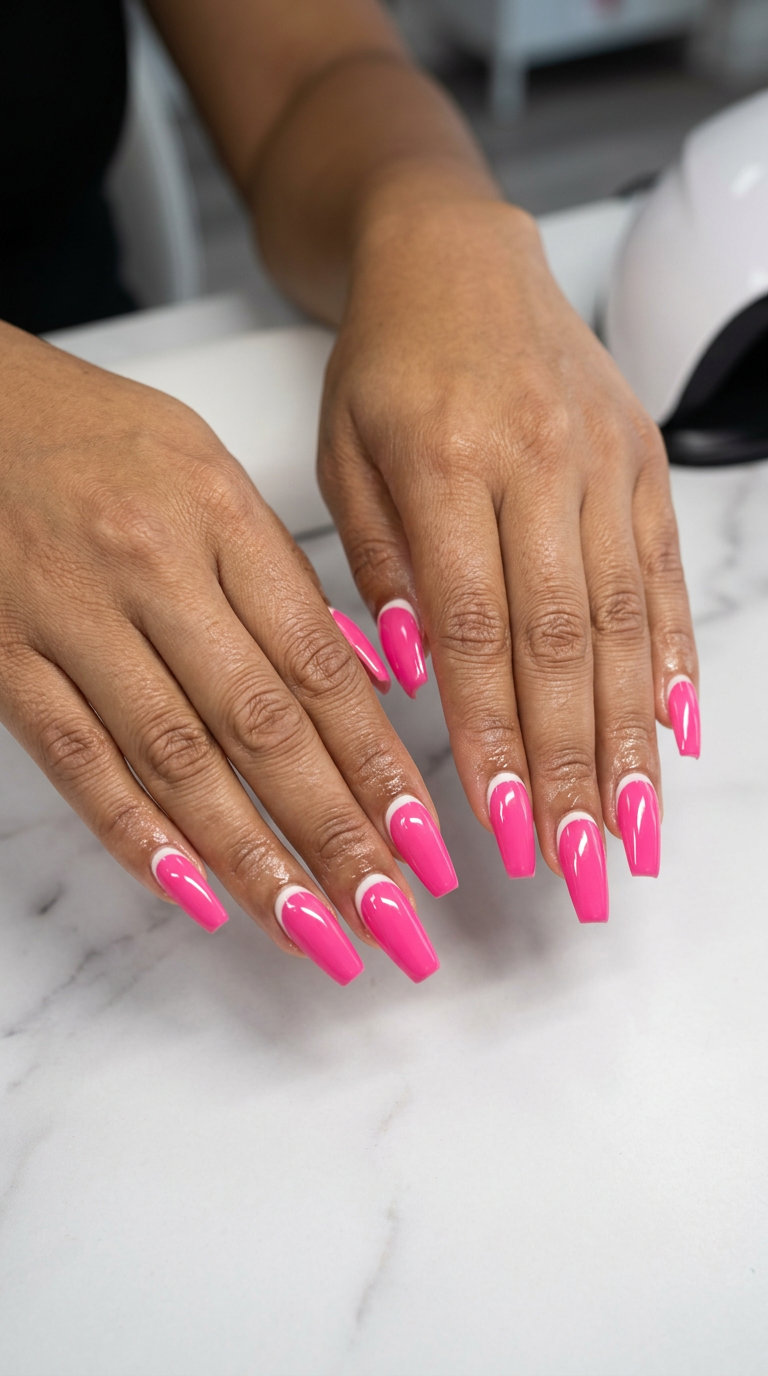 Bold hot pink reverse French tip nails, an edgy modern design for summer hot pink nails designs 2026.