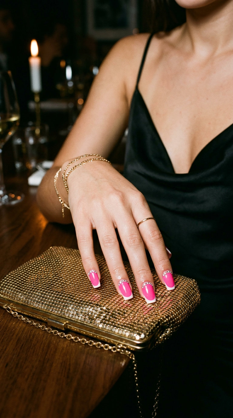 Glamorous summer hot pink nails designs 2026: Rhinestone French tips on almond nails.