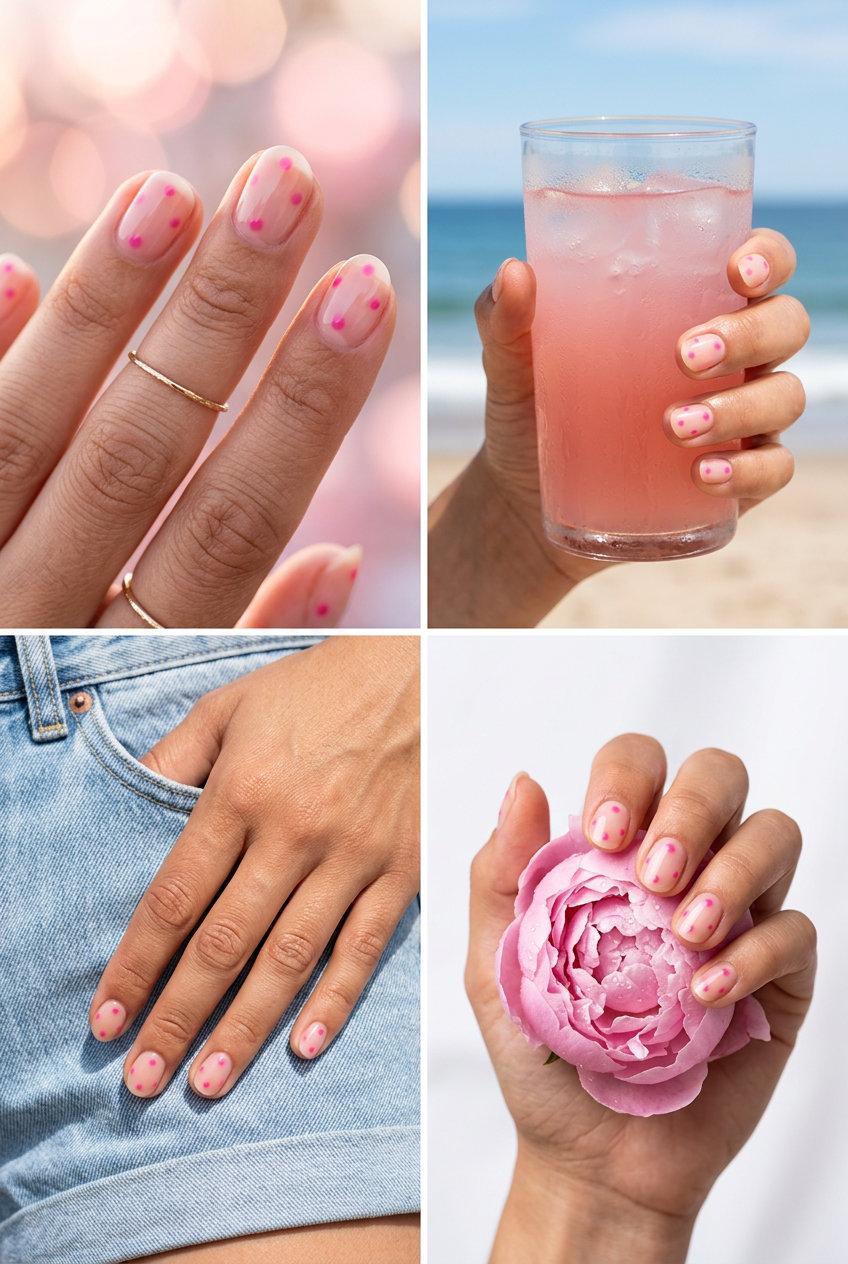 Sheer hot pink dots nails for summer 2026 casual vacation outfits. Clean-girl playful light style.