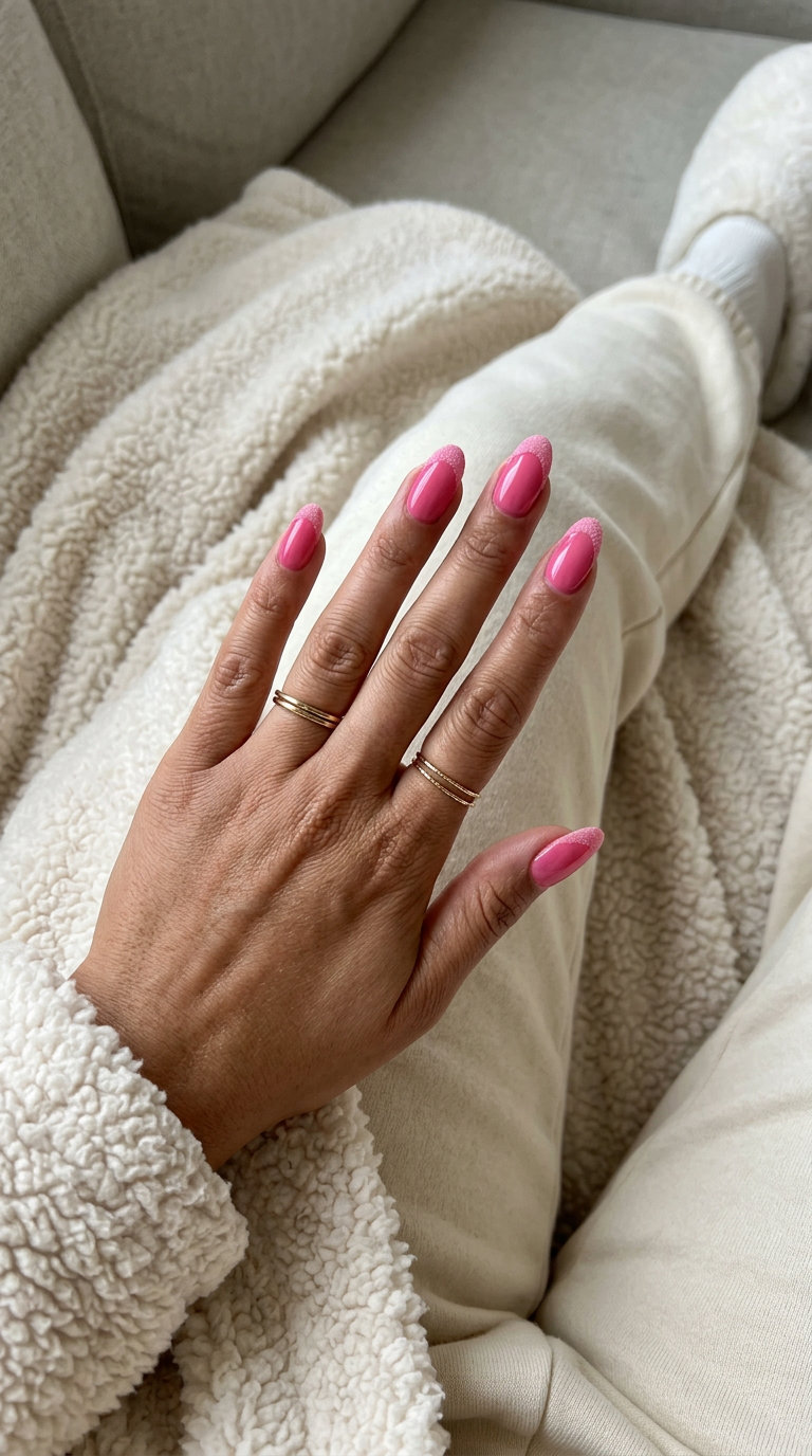 Glamorous textured hot pink French tip nails, a tactile and playful look for summer hot pink nails designs 2026.