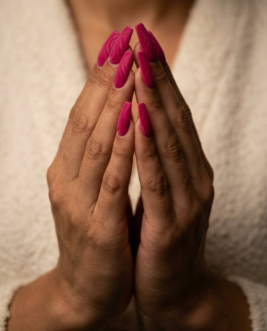 Luxurious summer hot pink nails designs 2026: Velvet matte swirls on coffin nails.